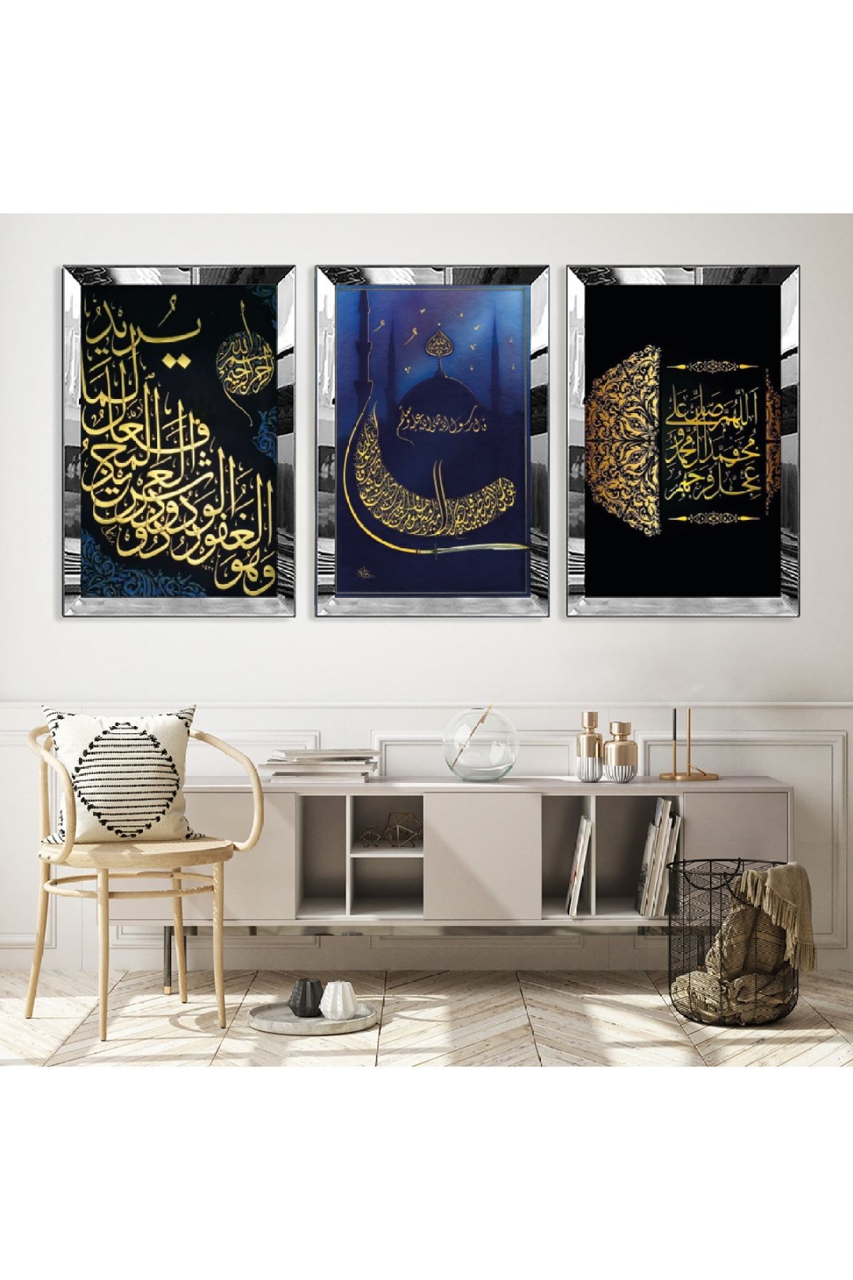 Gold Aynalı Pleksi Çerçeveli Cami Üçlü Mdf Tablo Seti