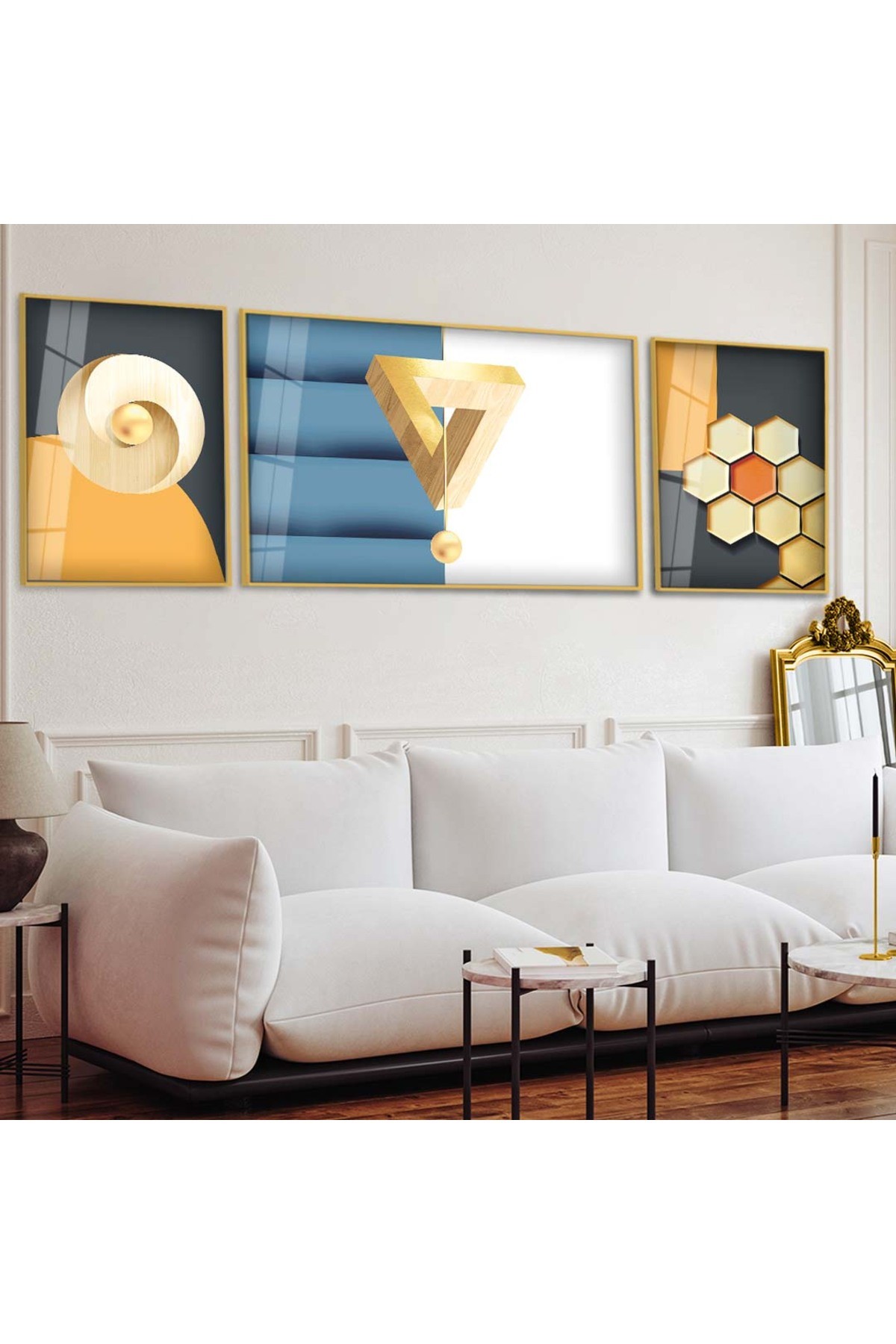 Modern Tablo Çizim Soyut Desen 3'Lü Metal Çerçeveli UV Baskı Kırılmaz Cam Tablo