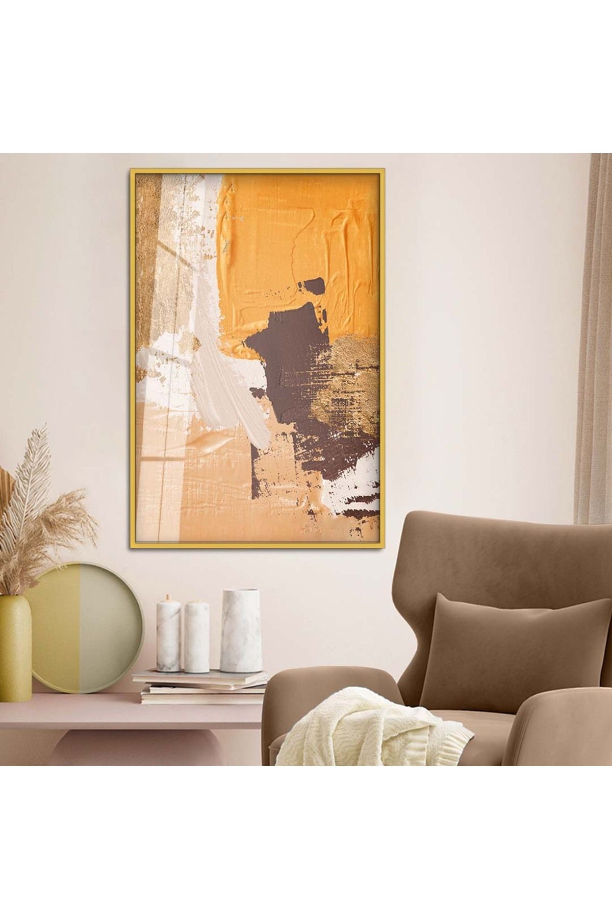 Gold Metal Çerçeveli Modern Çizim Soyut Tema Kırılmaz Cam Tablo