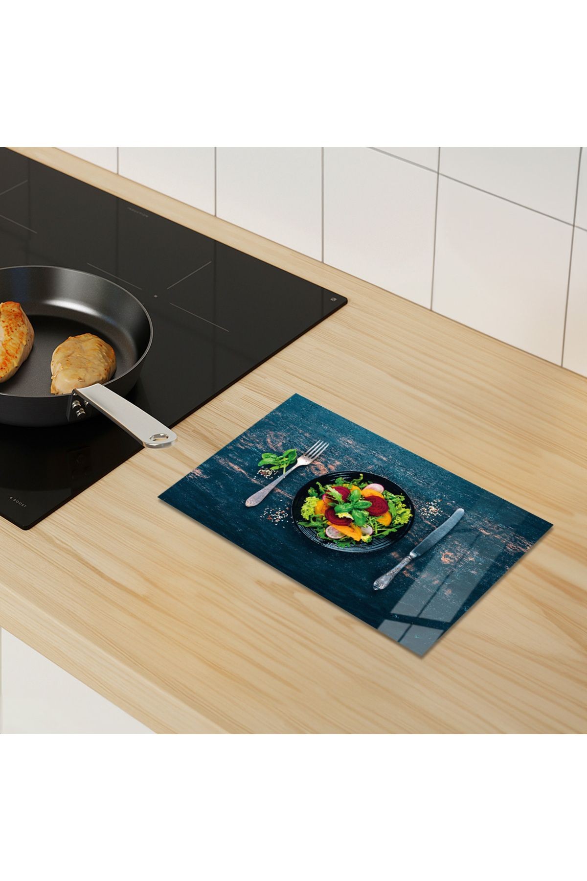 Cam Kesme Tahtası Çatal Bıçak ve Salata Tabağı