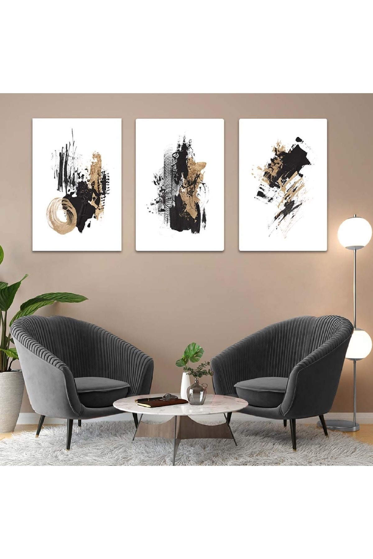 Tasarım Soyut Desen Şekiller 3'Lü Solmaz MDF Tablo Set