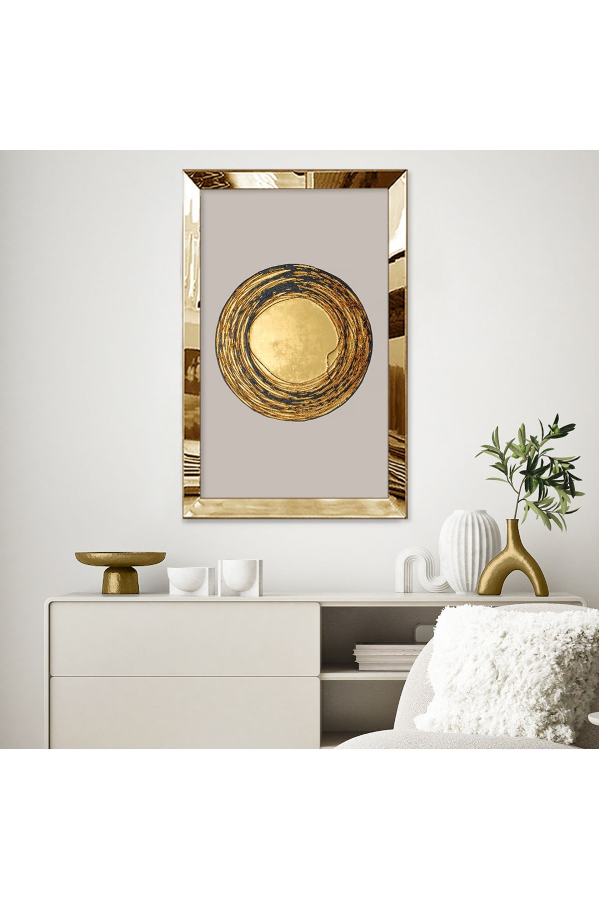 Gold Aynalı Pleksi Çerçeveli Beyaz Arka Planlı Gold Daire Görseli Mdf Tablo