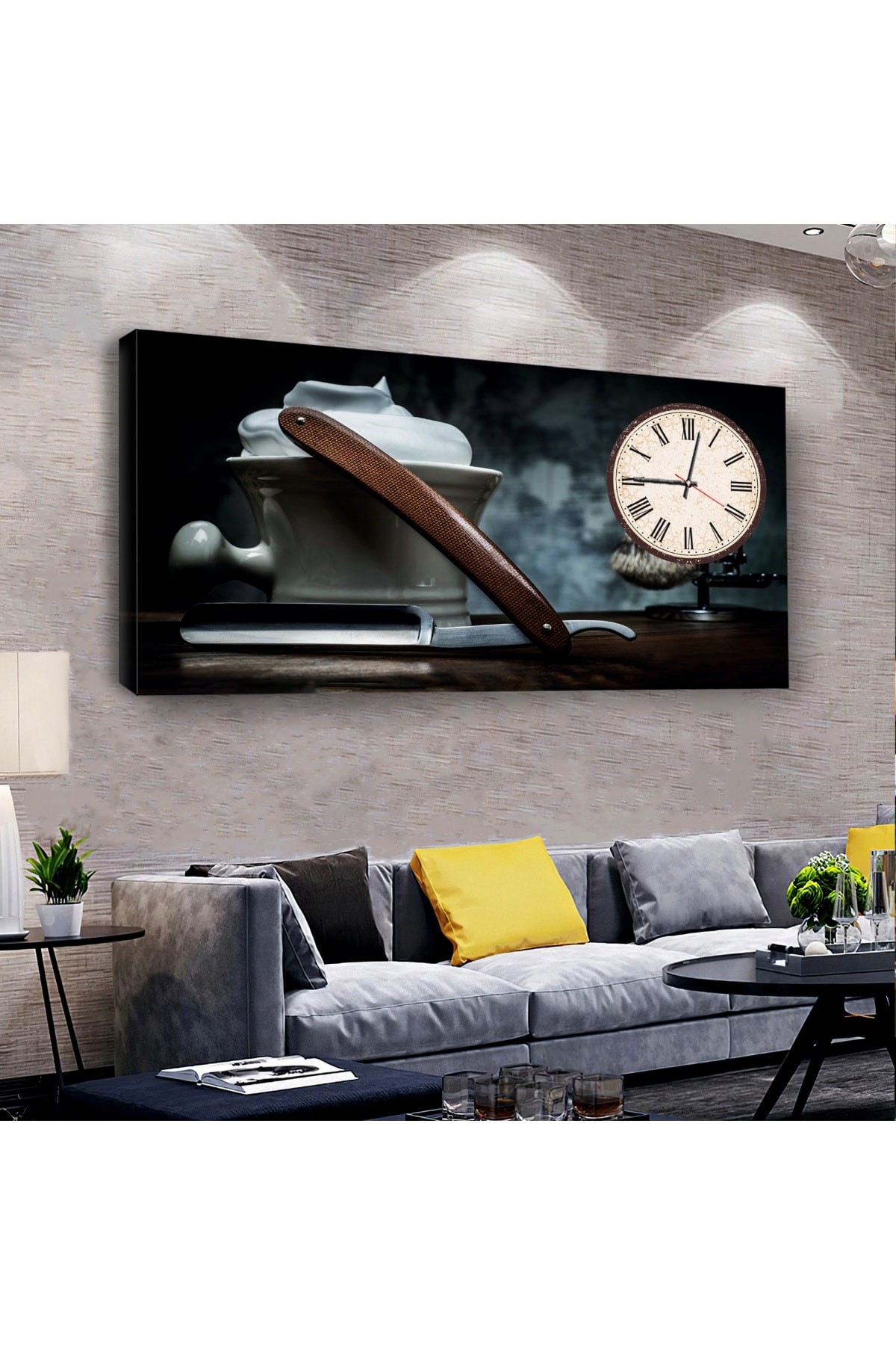 Salon Tablosu Berber saatliAhşap Şase Dijital Baskı Kanvas Tablo 120X60Cm