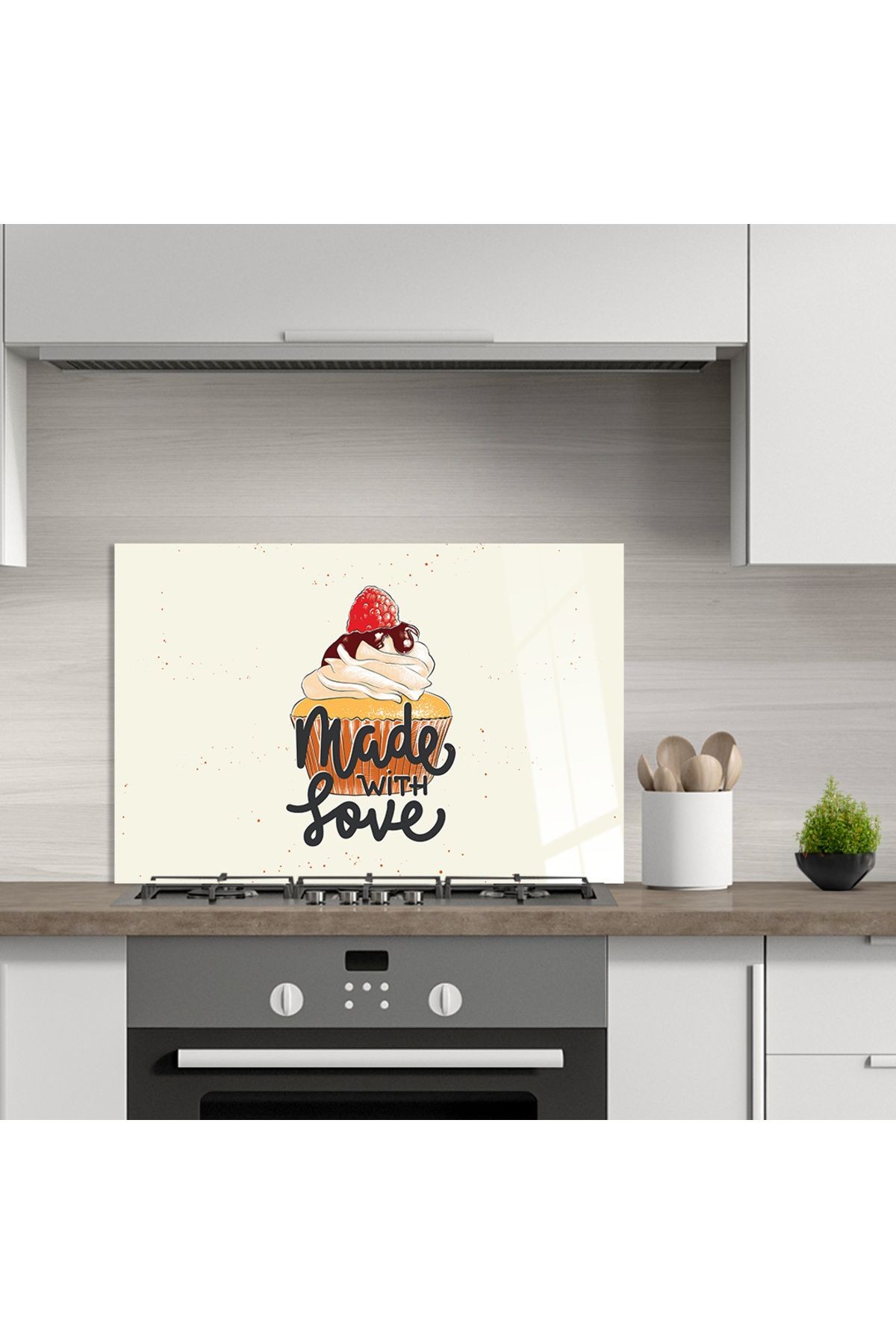 Ocak Arkası Temperli Cam Cupcake Çizimli "Made With Love" Yazılı