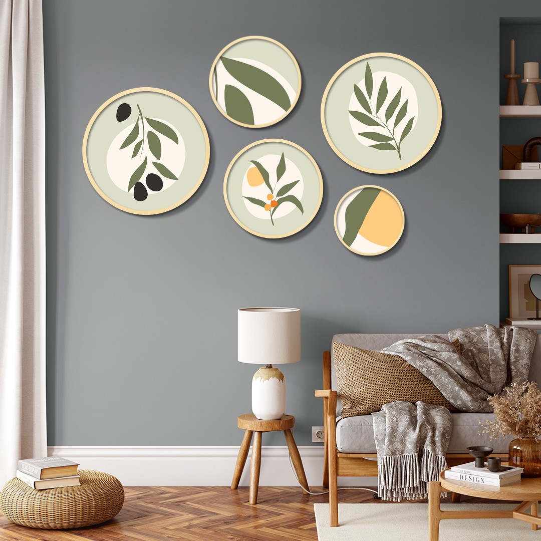 Yuvarlak Ahşap Çerçeveli Yeşil Minimalist Bitkiler Tablo Seti