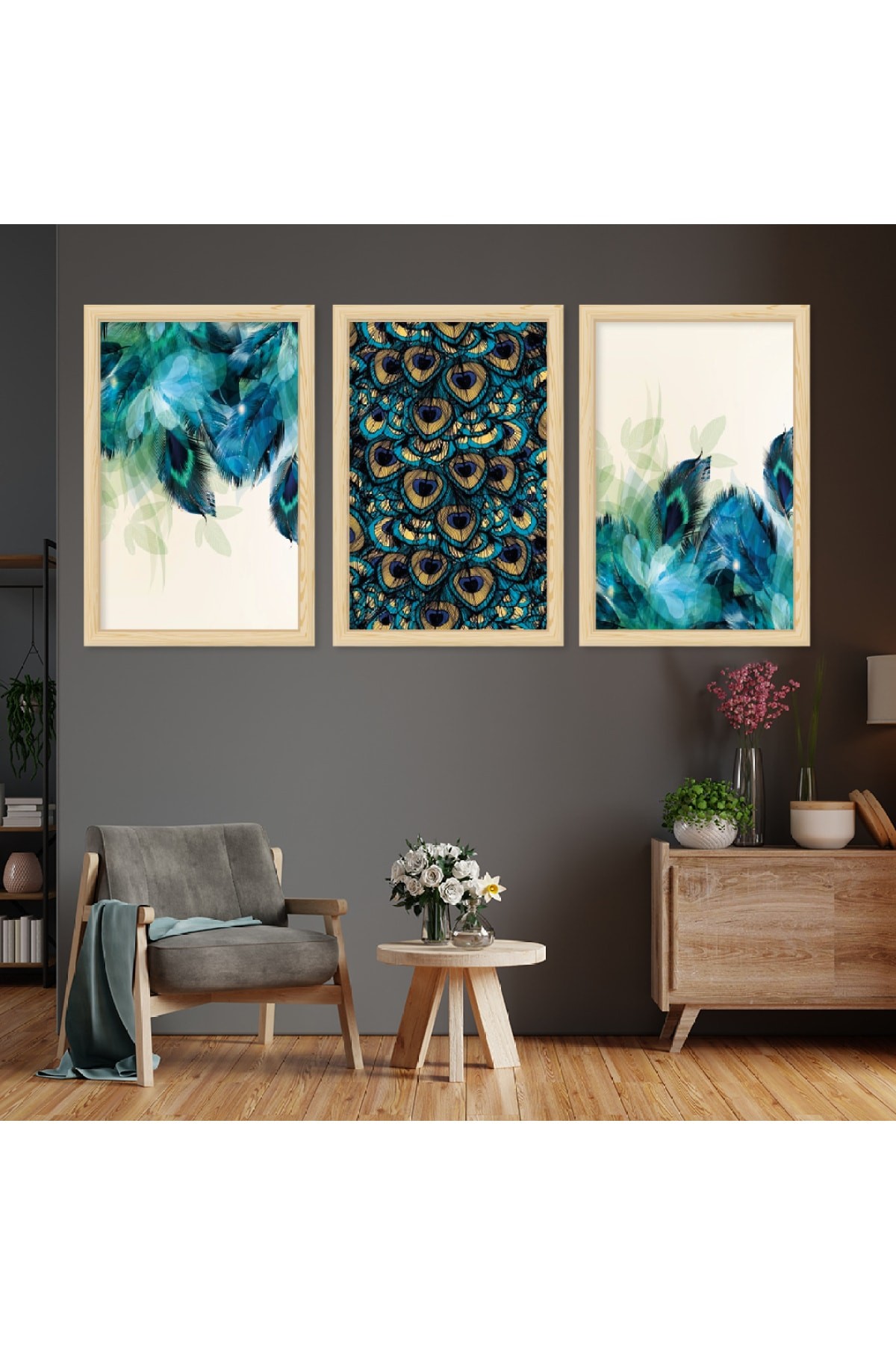 Oturma Odası Tablosu Ahşap Çerçeveli Mavi Renk Modern Tablo