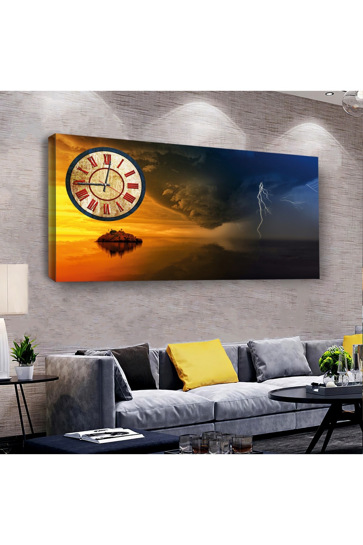 Gökyüzü Manzara saatliAhşap Şase Dijital Baskı Kanvas Tablo 120X60Cm