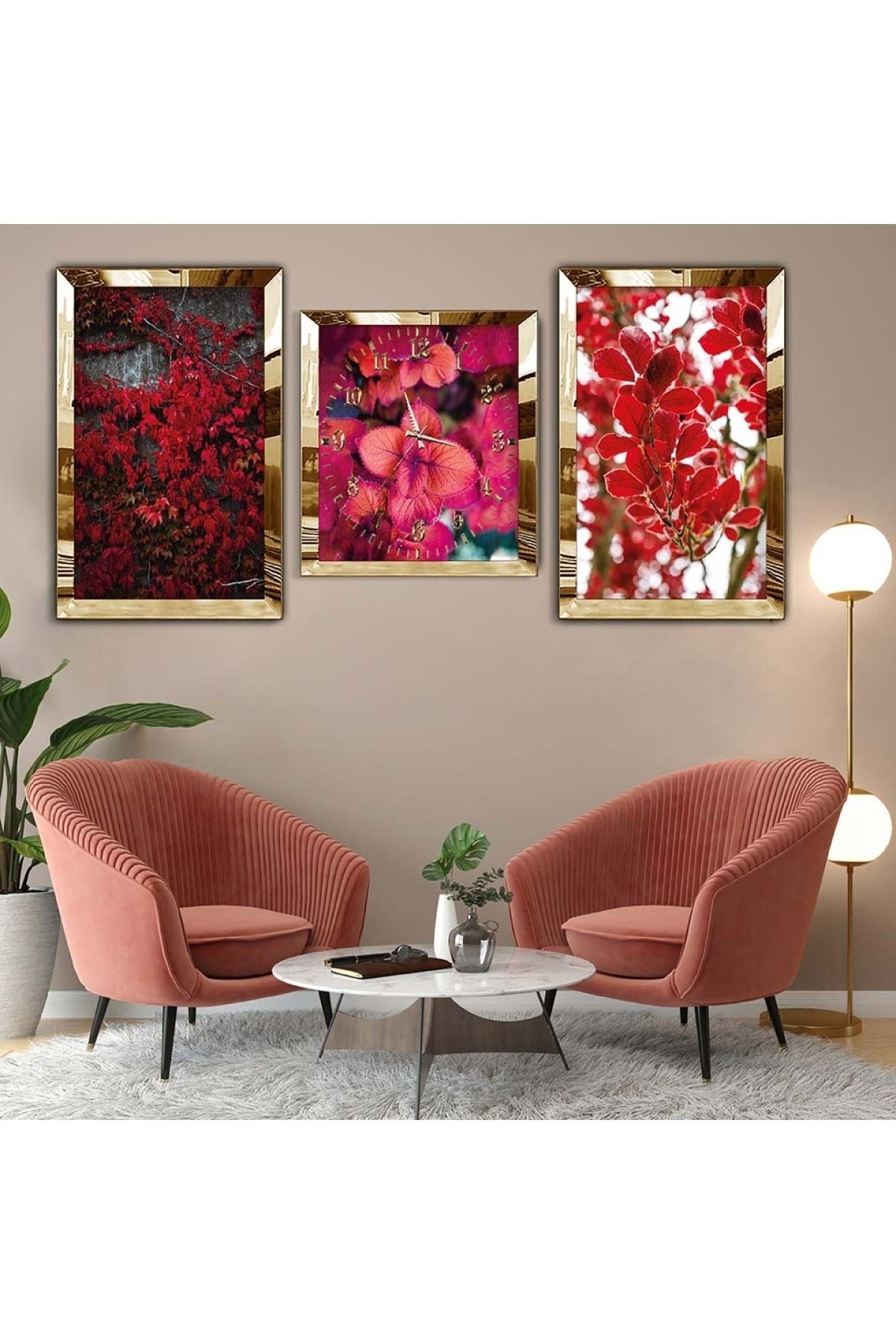 Duvar Sanat Tablosu Gold Pleksi Kenar 3'Lü Solmaz MDF Tablo Saat Seti