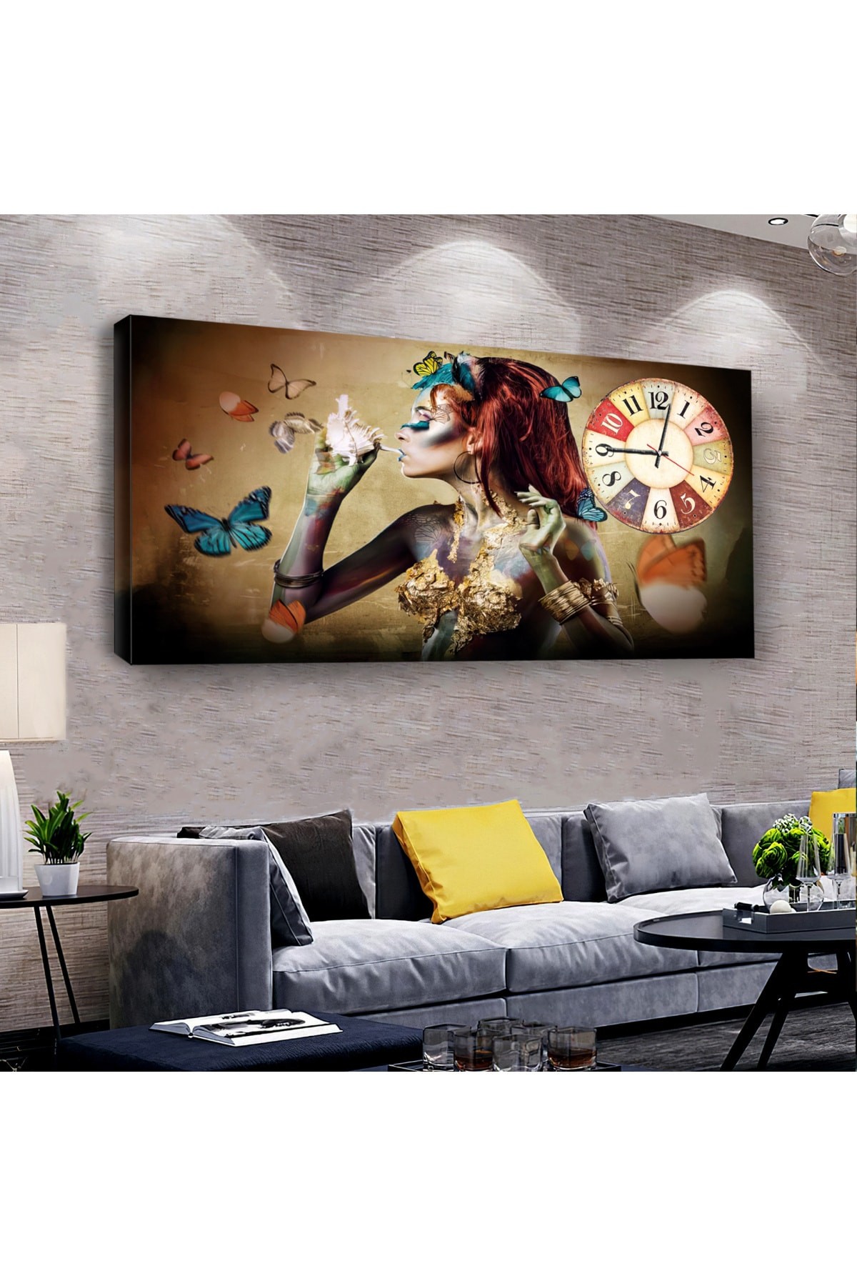 Renkli Kız saatliAhşap Şase Dijital Baskı Kanvas Tablo 120X60Cm