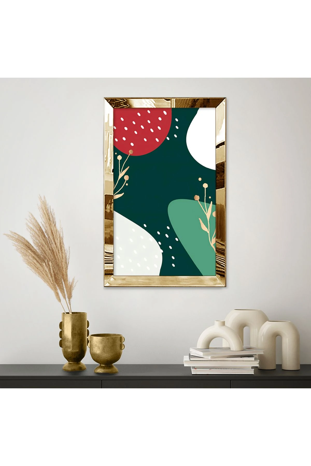 Gold Aynalı Pleksi Çerçeveli Yeşil Arka Planlı Renkli Soyut Görseller Mdf Tablo