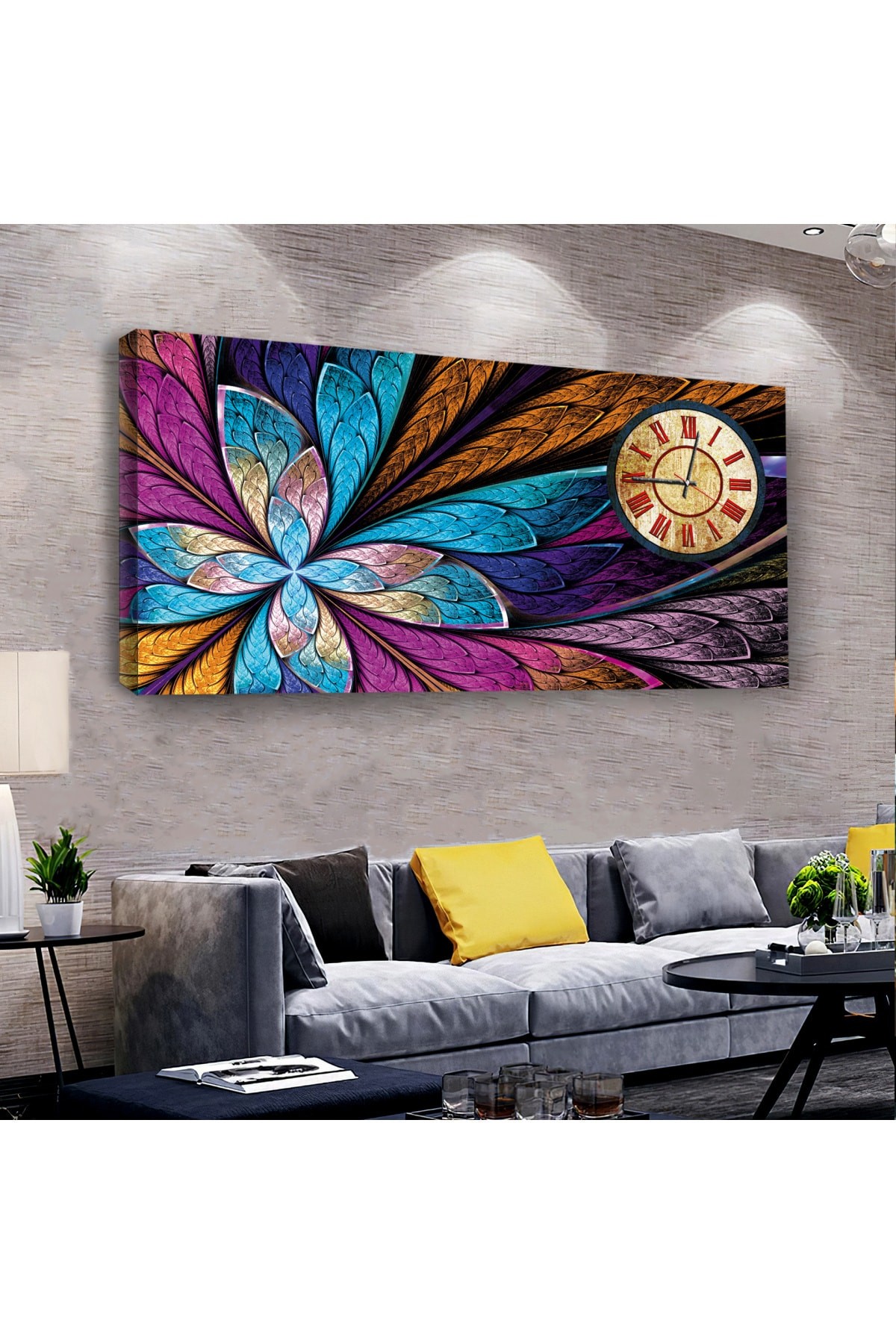 Huzur Renkli saatliAhşap Şase Dijital Baskı Kanvas Tablo 100X50Cm