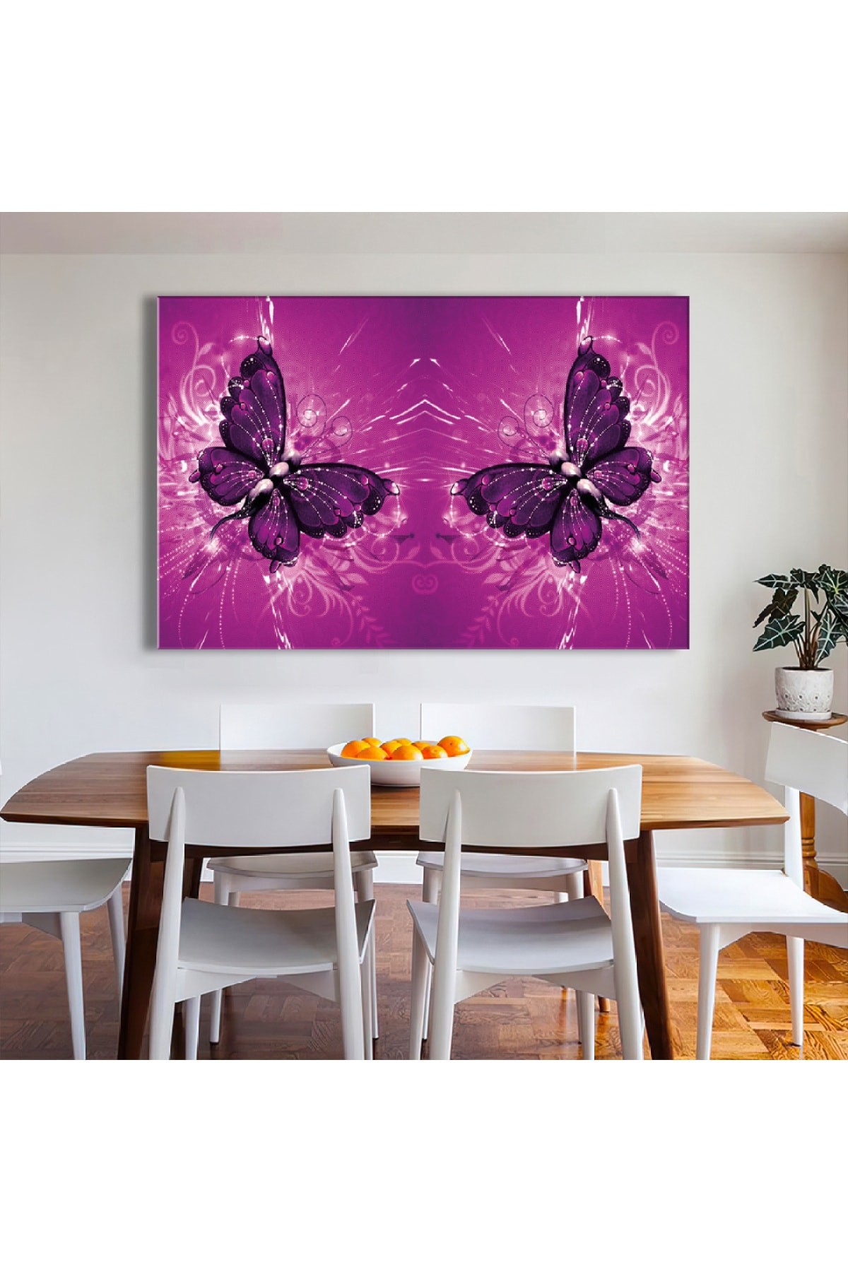 Mor Kelebekler Ahşap Şase Dijital Baskı Kanvas Tablo 120X80Cm