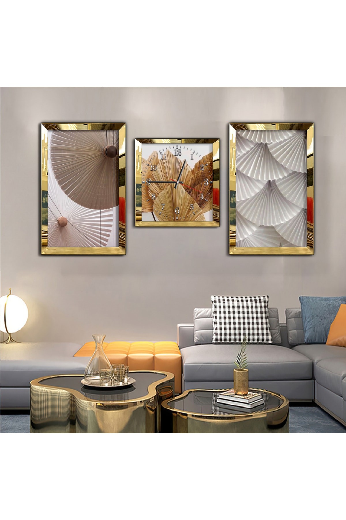Altın Beyaz Renk Aynalı Gold Pleksi Çerçeveli Solmaz MDF Tablo Ve Saat Seti