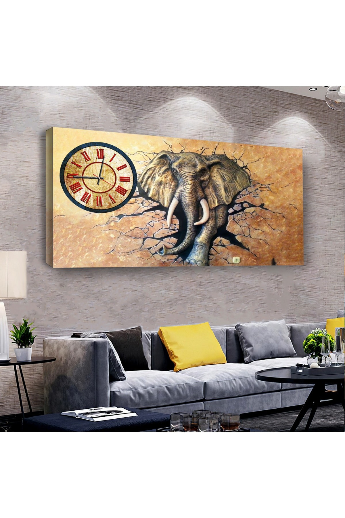 Fil saatliAhşap Şase Dijital Baskı Kanvas Tablo 120X60Cm