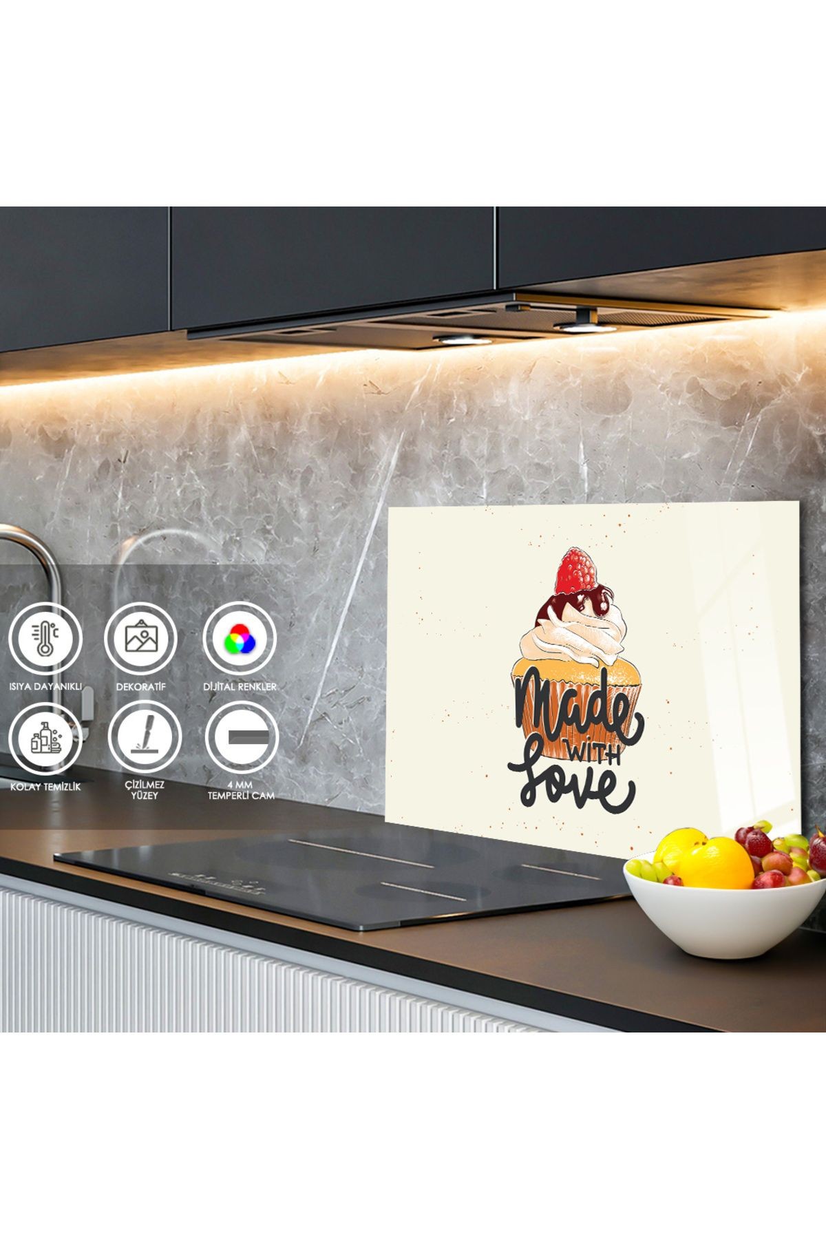 Ocak Arkası Temperli Cam Cupcake Çizimli "Made With Love" Yazılı