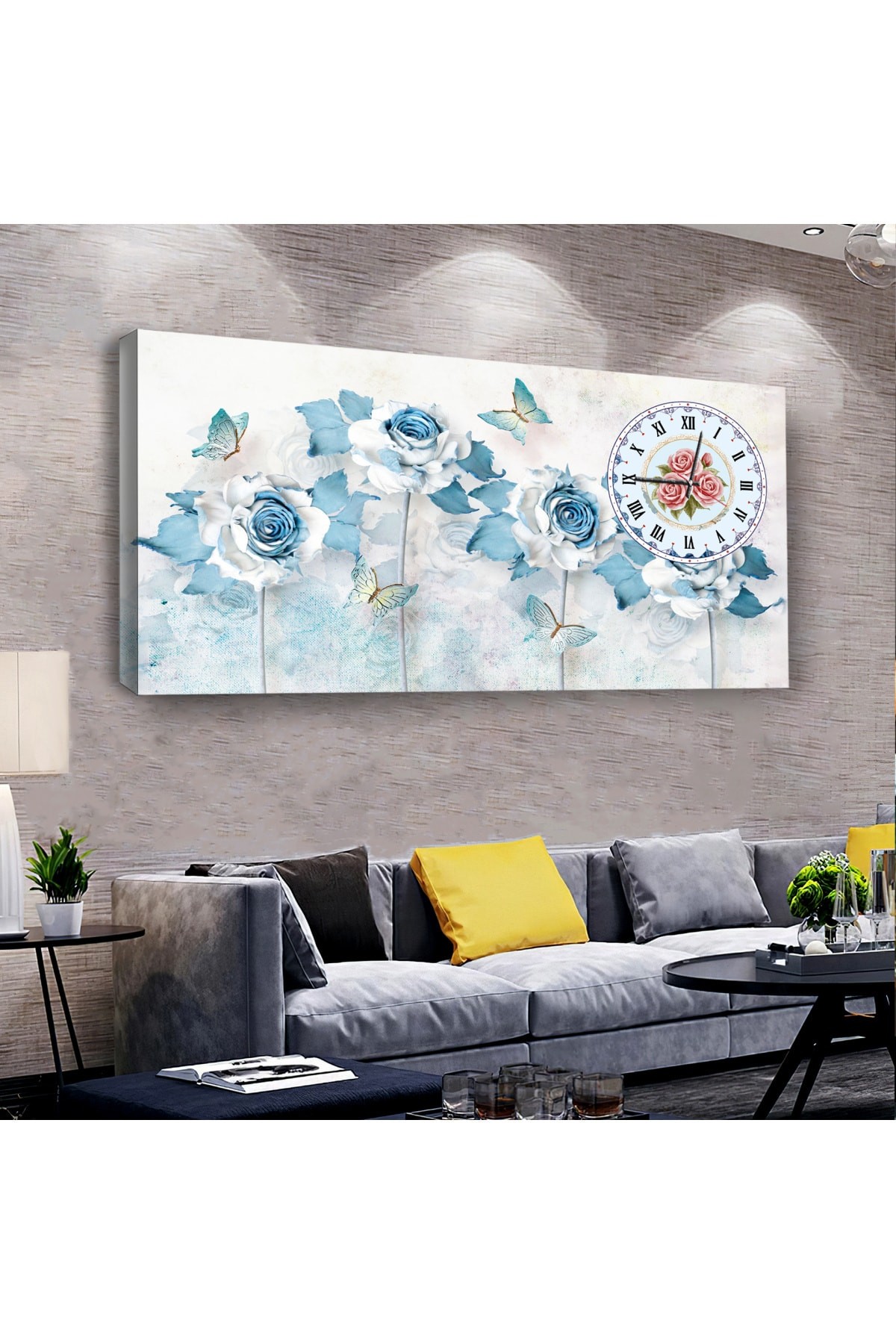 Tasarım Mavi Çiçek saatliAhşap Şase Dijital Baskı Kanvas Tablo 100X50Cm