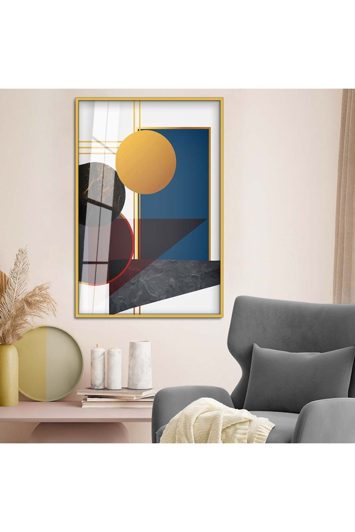 Gold Metal Çerçeveli Modern Çizim Geometrik Desen Kırılmaz Cam Tablo