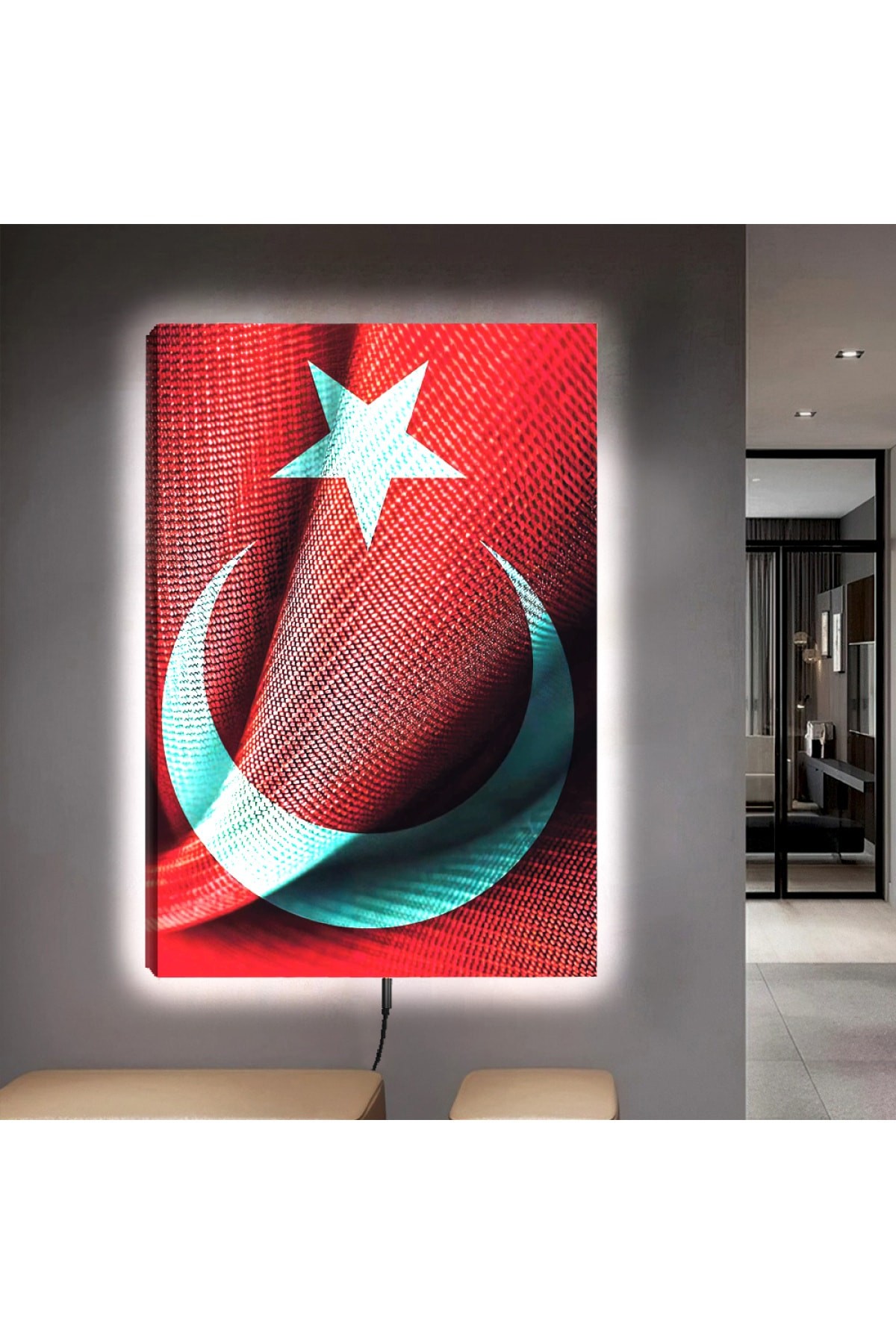 Ledli Ayyıldız Ahşap Şase Dijital Baskı Kanvas Tablo 90X60Cm