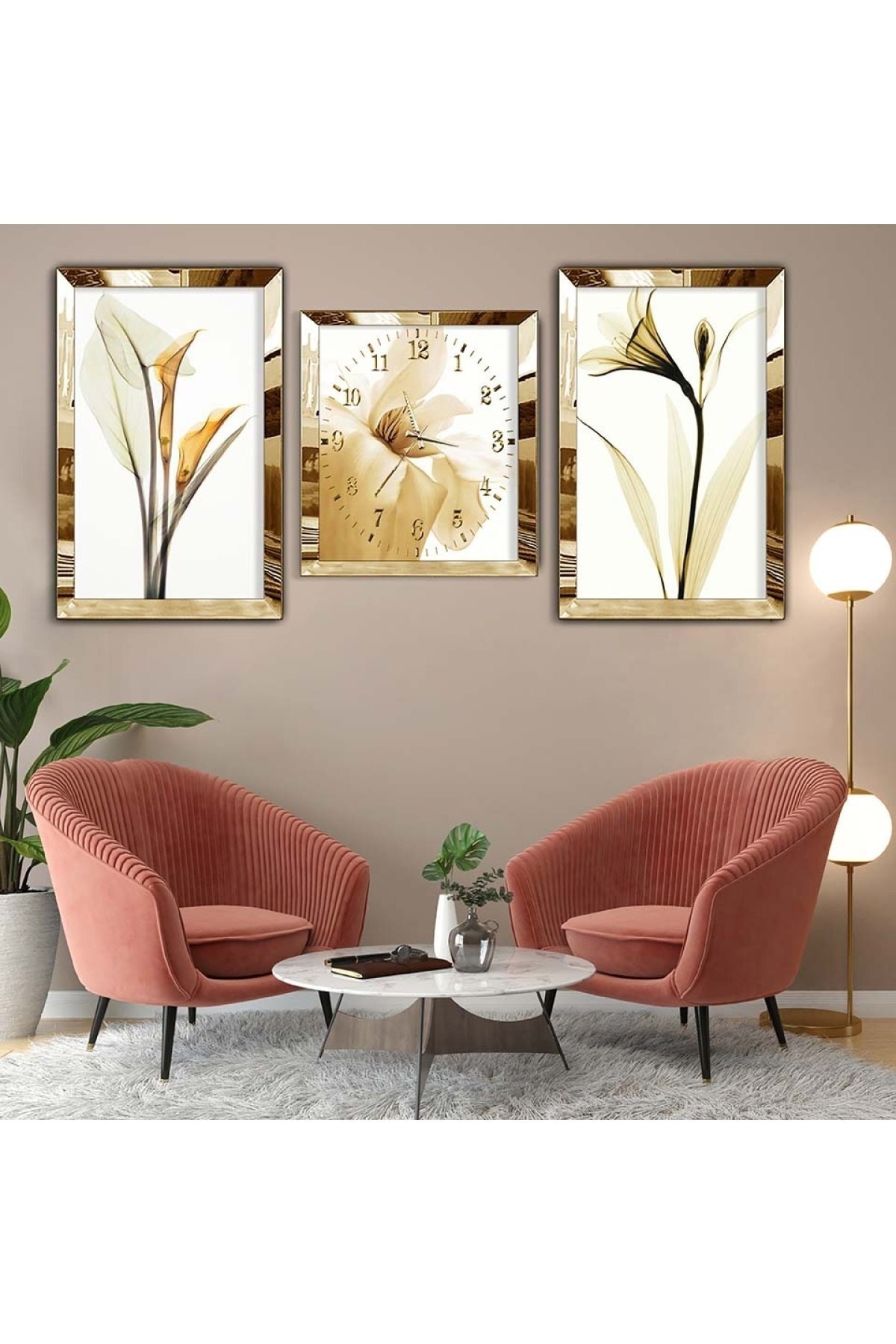 Duvar Sanatı Sanat Tablosu Gold Pleksi Kenar 3'Lü Solmaz MDF Tablo Saat Seti