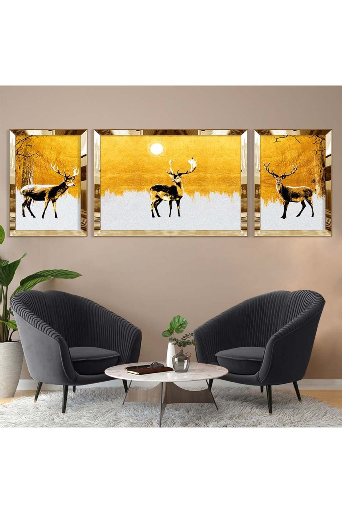 Gold Aynalı Pleksi Çerçeveli Üçlü Gold Arka Planlı Geğik Desenli Mdf Tablo Seti