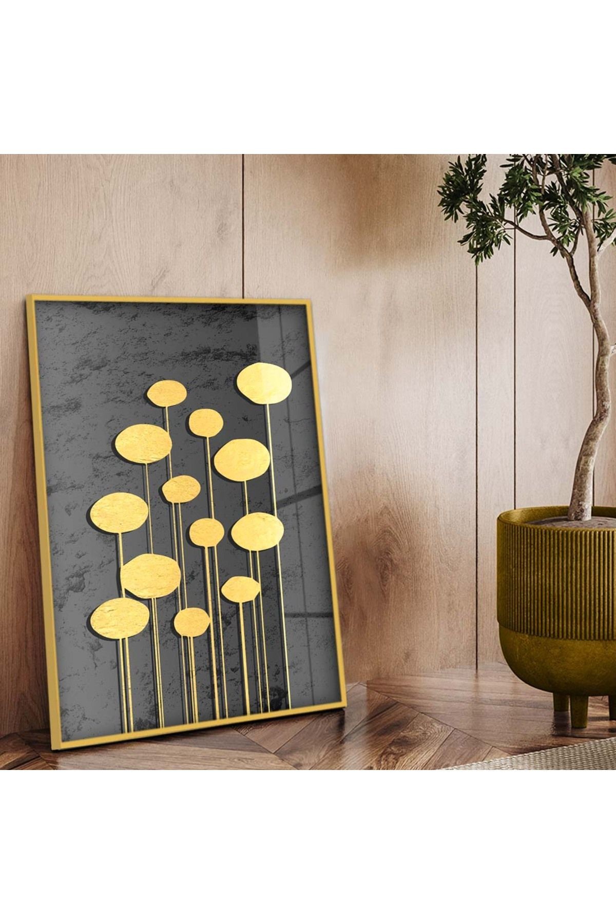 Gold Metal Çerçeveli Gold Tema Kolaj Çizim Kırılmaz Cam Tablo