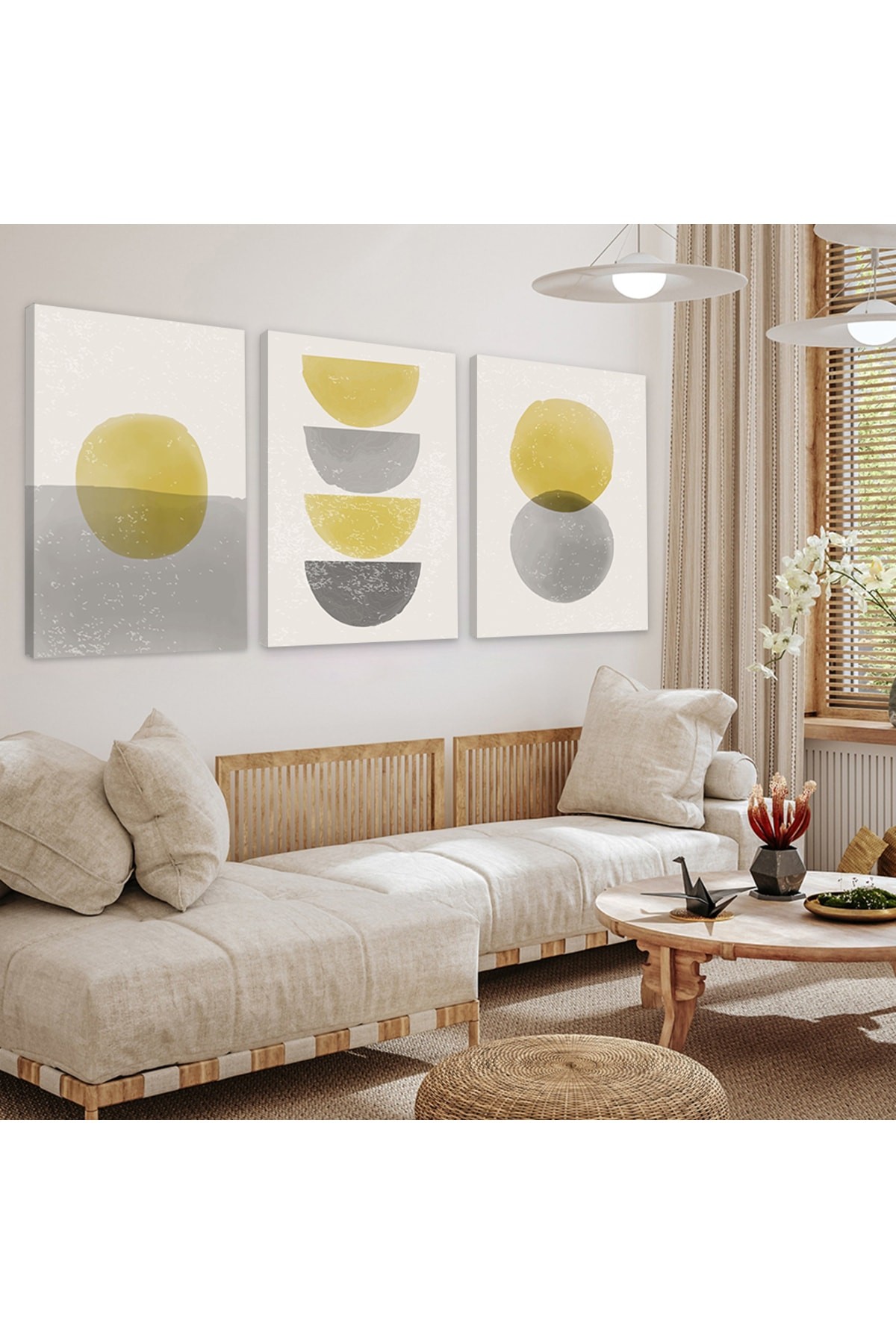 Minimalist Şekiller Soyut Desen 3'Lü Ahşap Şase Dijital Baskı Kanvas Tablo
