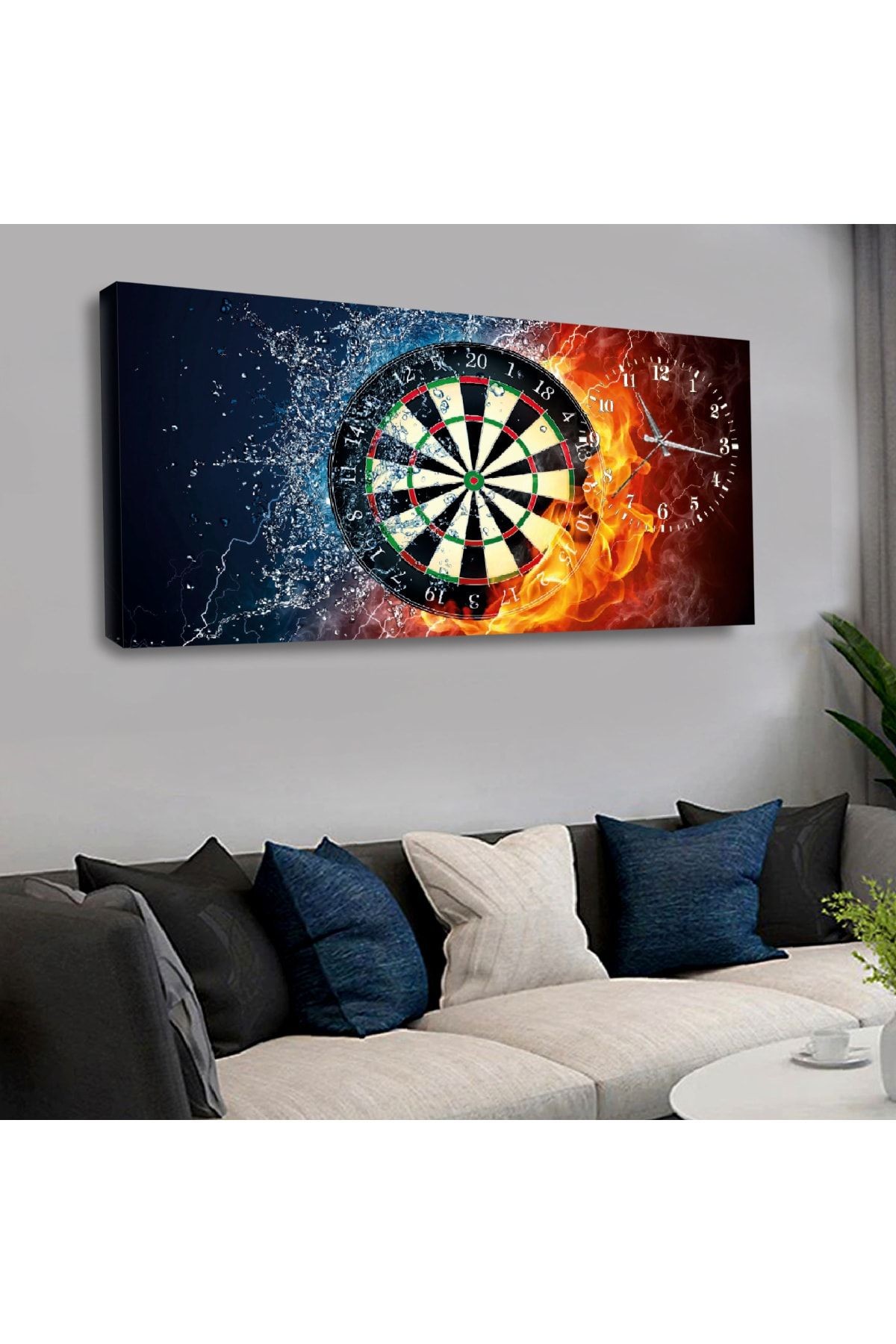 Kanvas Ateş Ve Su Dart Saatli Tablo