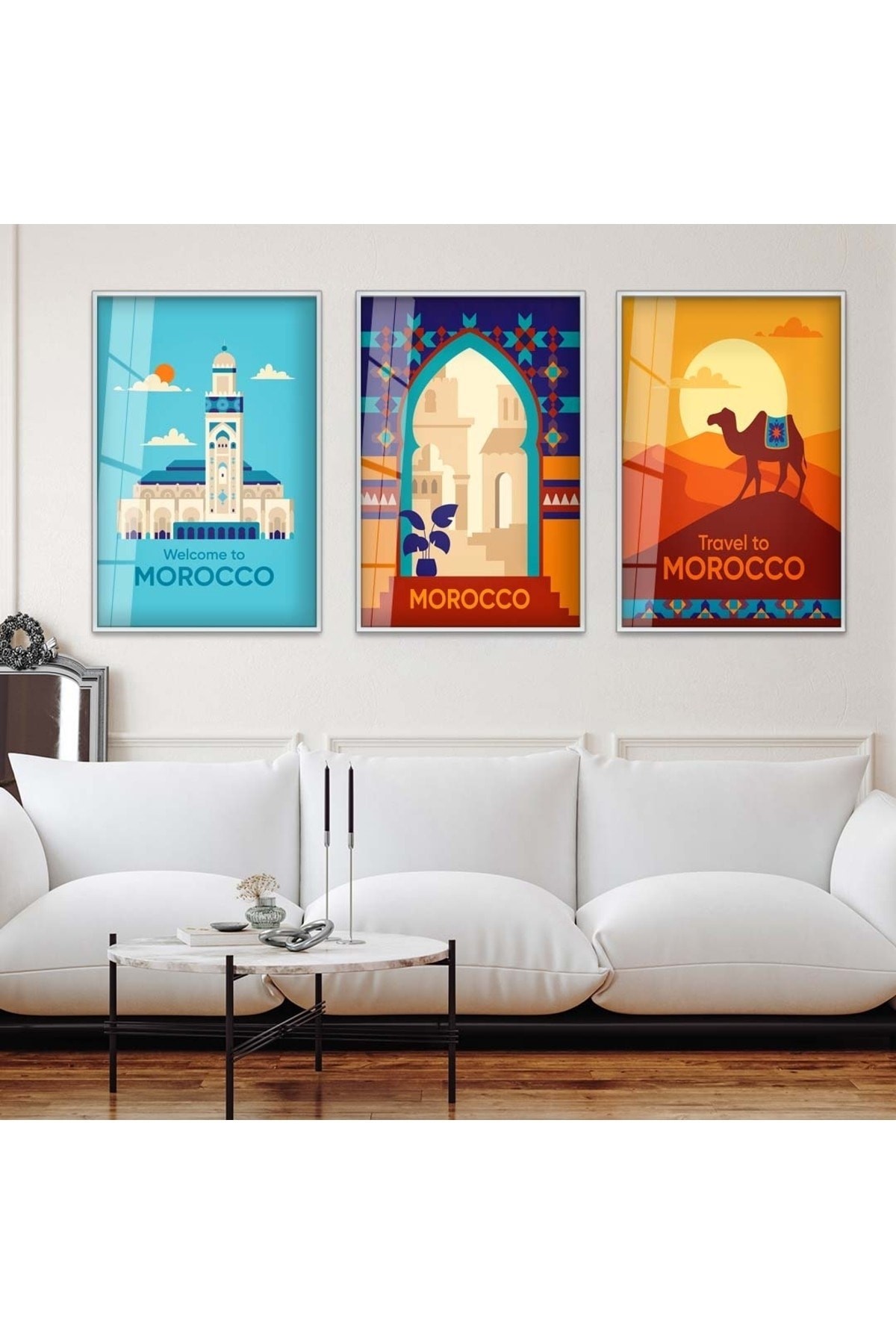 Morocco 3'Lü Metal Çerçeveli UV Baskı Kırılmaz Cam Tablo Seti
