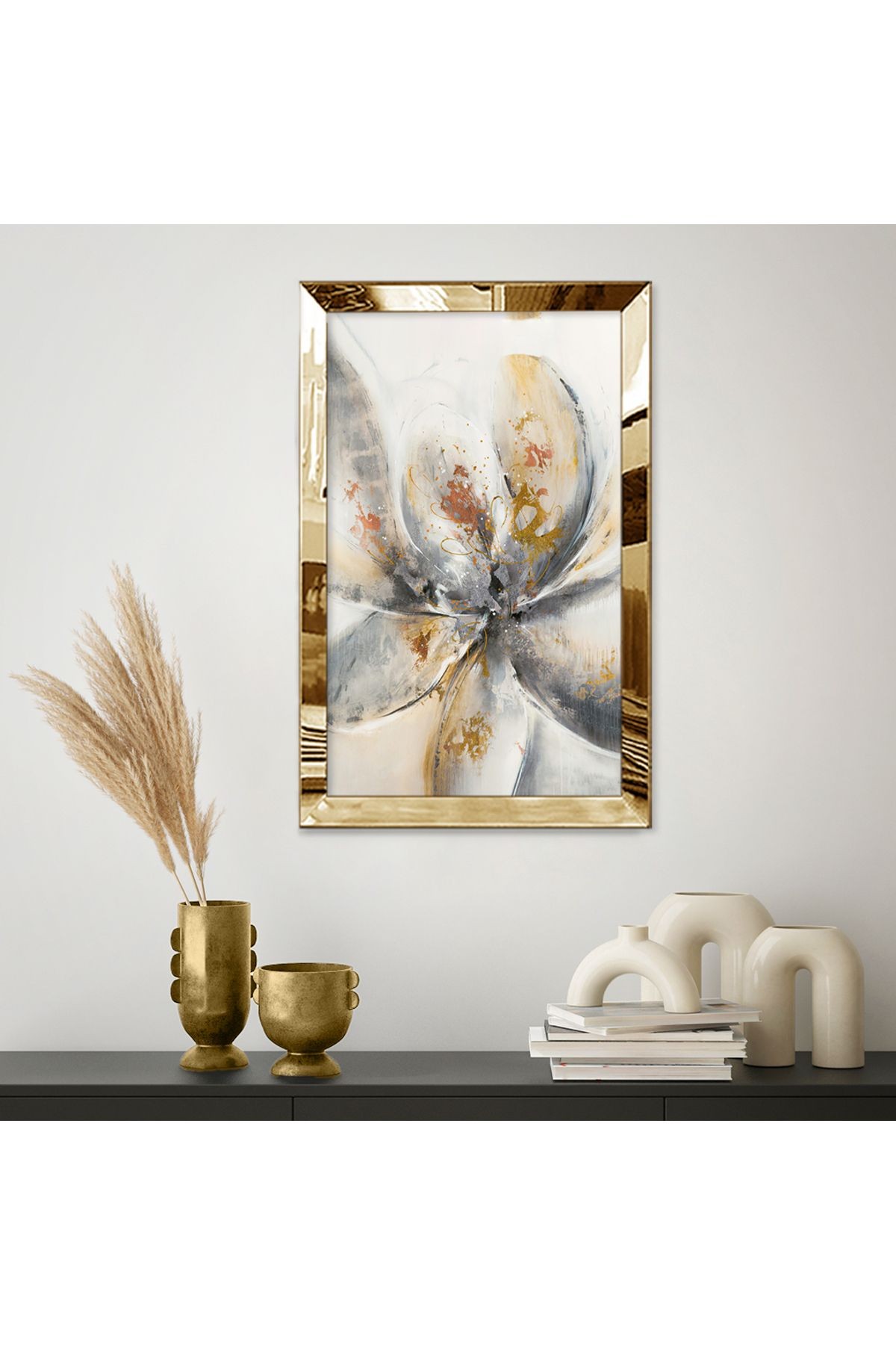Gold Aynalı Pleksi Çerçeveli Minimalist Beyaz Kahverengi Gri Çiçek Desenlili Soyut Çizim Mdf Tablo