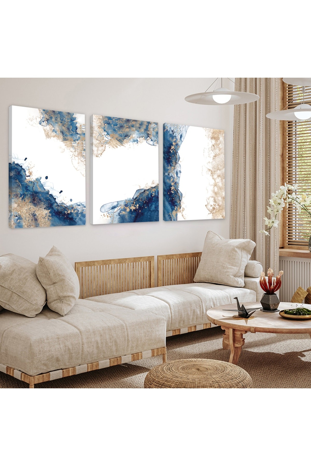 Minimalist Mavi Beyaz Kolaj 3'Lü Ahşap Şase Dijital Baskı Kanvas Tablo