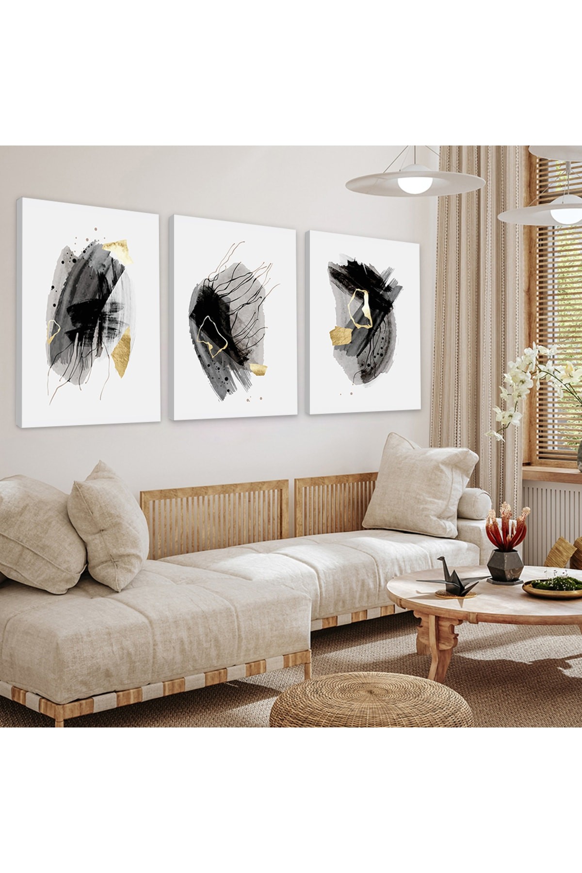 Modern Sanat Tablosu Soyut Desen 3'Lü Ahşap Şase Dijital Baskı Kanvas Tablo