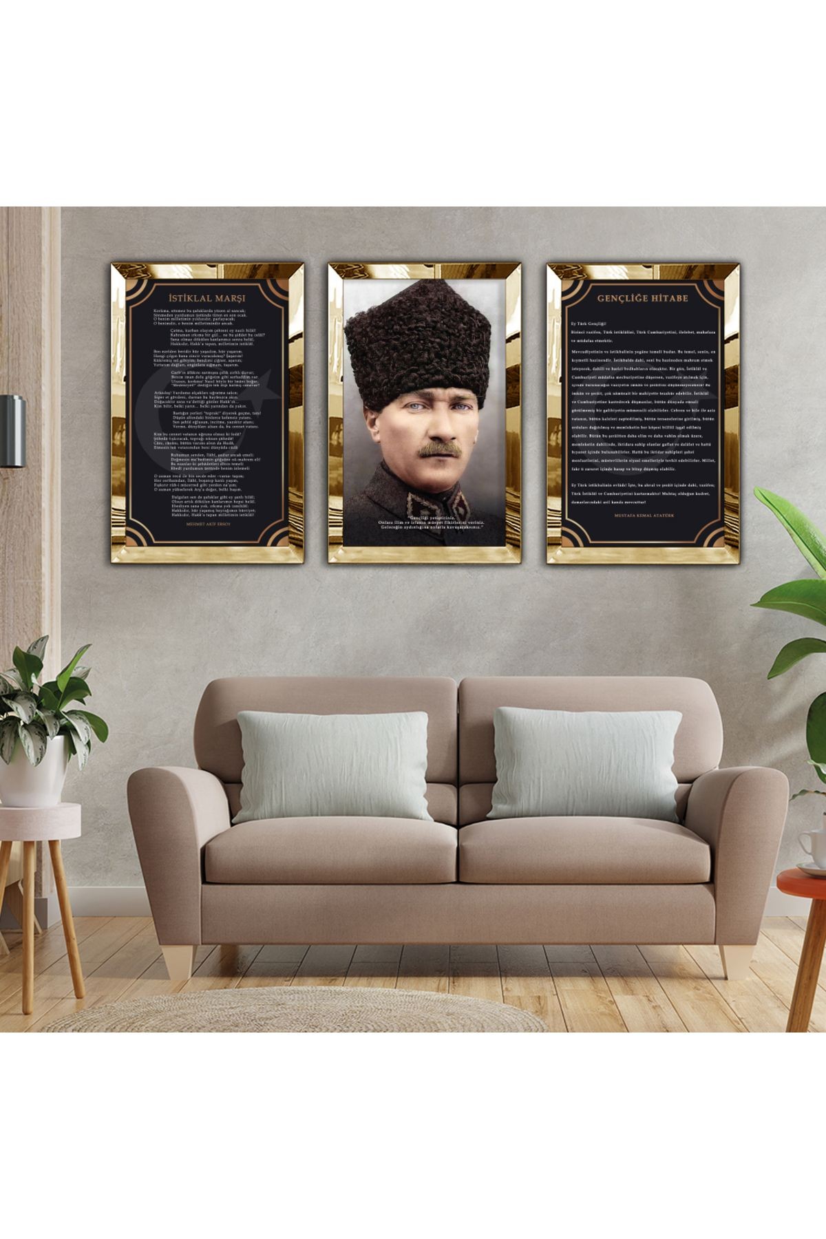 Gold Aynalı Pleksi Çerçeveli Atatürk Istiklal Marşı Ve Gençliğe Hitabe Üçlü Pleksi Mdf Tablo Seti