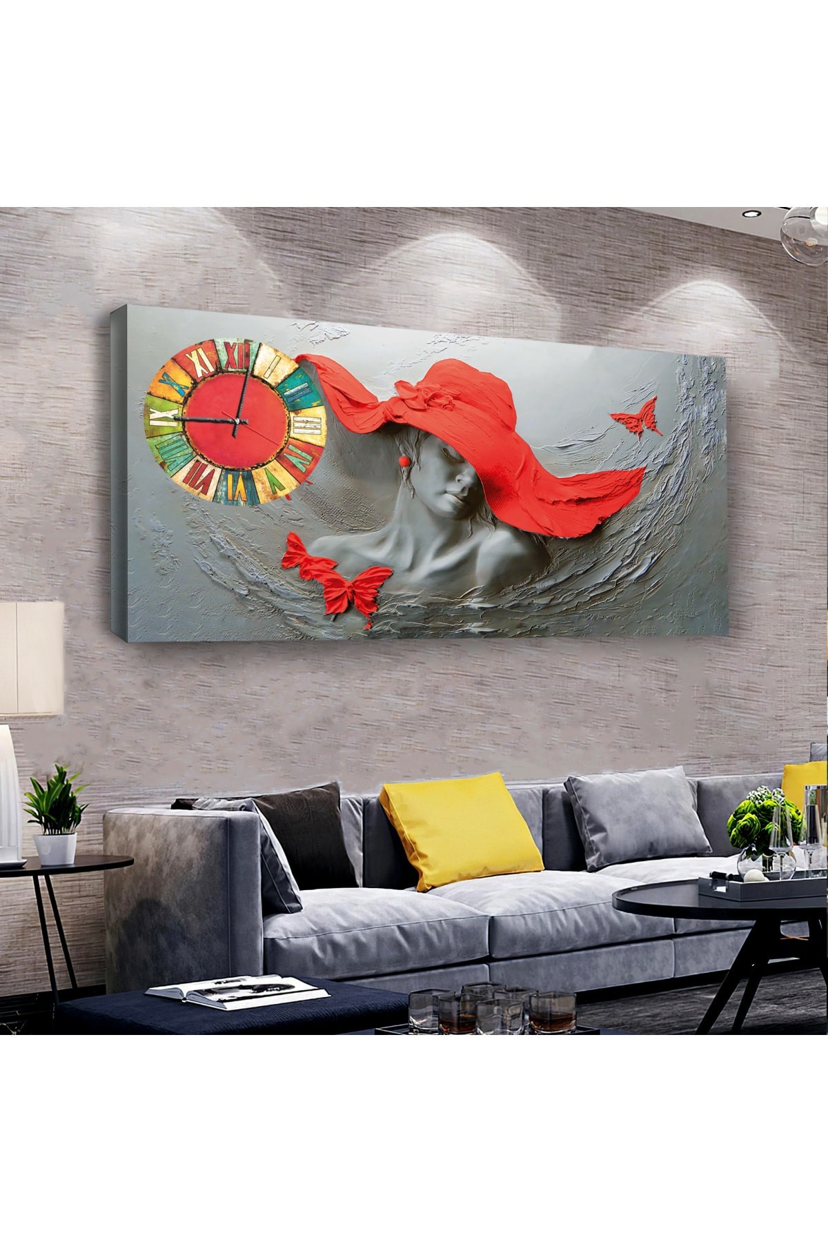 Heykel Sanat saatliAhşap Şase Dijital Baskı Kanvas Tablo 120X60Cm