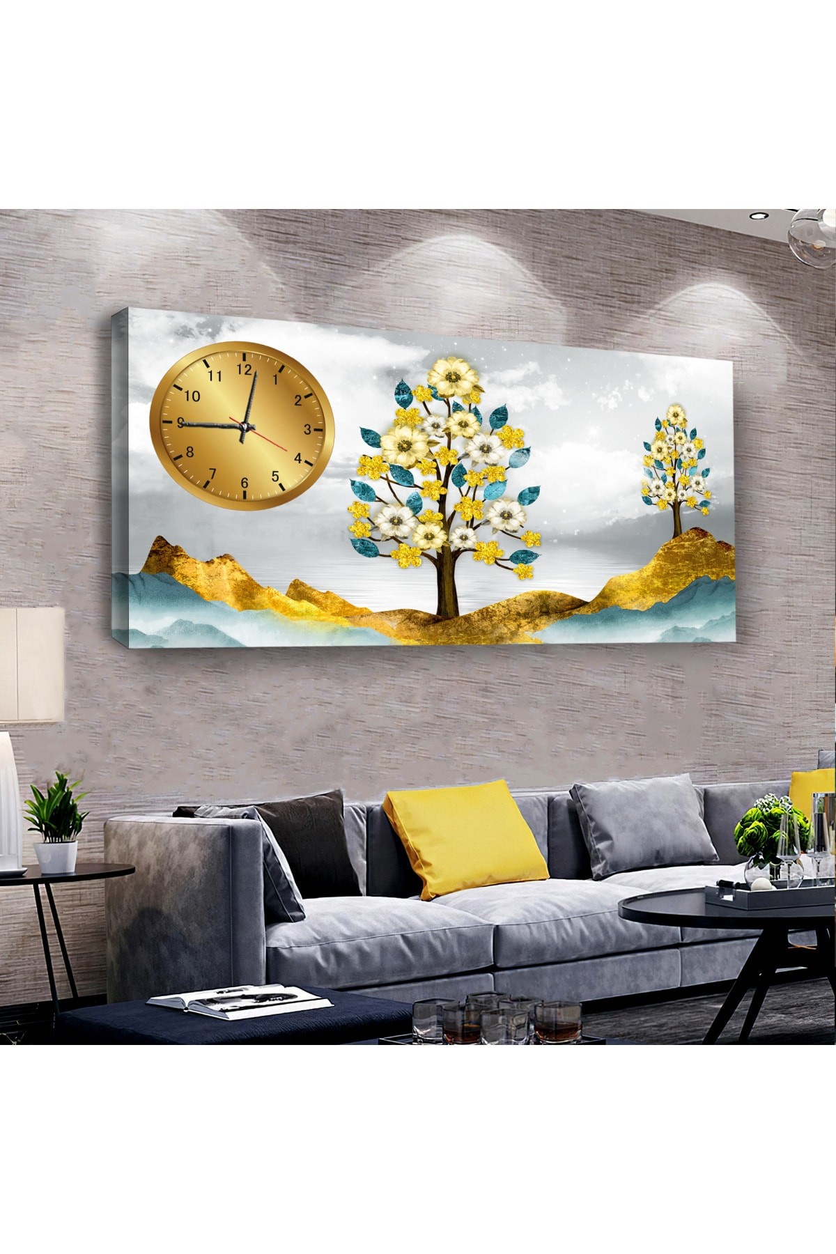 Kolaj Çizim Bitki saatliAhşap Şase Dijital Baskı Kanvas Tablo 100X50Cm