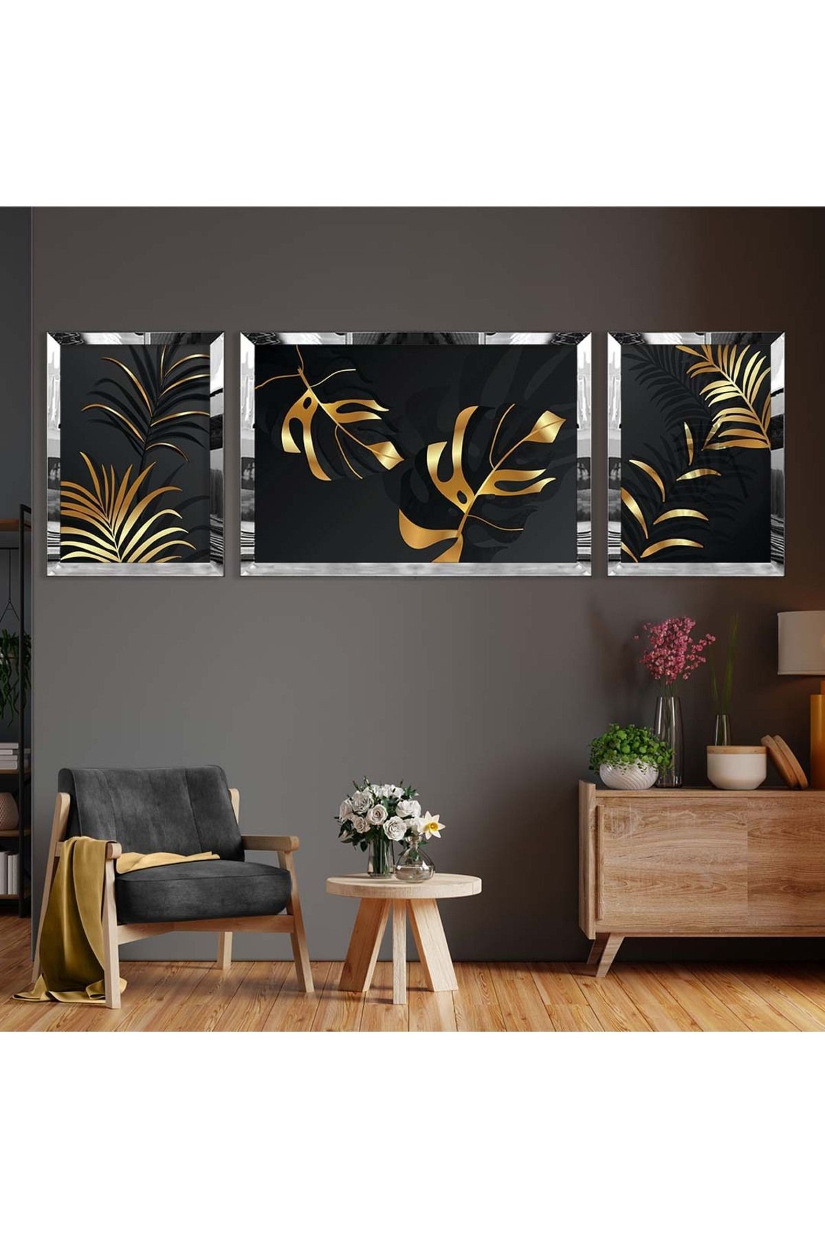 Gold Aynalı Pleksi Çerçeveli Üçlü Siyah Arka Planlı Gold Desenli Mdf Tablo Seti