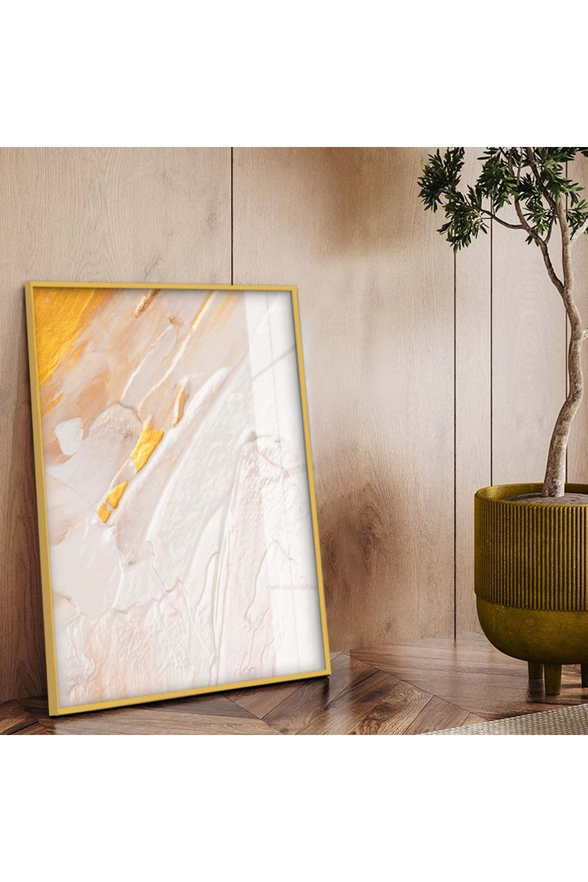 Gold Metal Çerçeveli Soyut Tema Modern Çizim Kırılmaz Cam Tablo