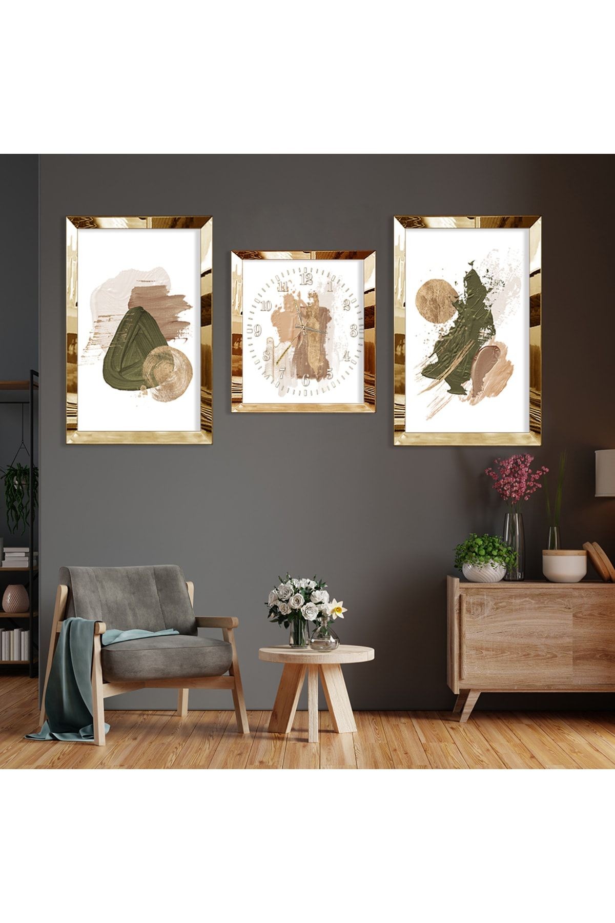 Soyut Desen Boya Gold Pleksi Kenar Üçlü Mdf Tablo Seti Ve Saat Seti