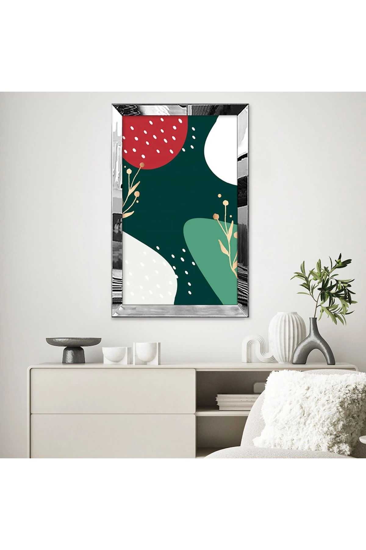 Gold Aynalı Pleksi Çerçeveli Yeşil Arka Planlı Renkli Soyut Görseller Mdf Tablo