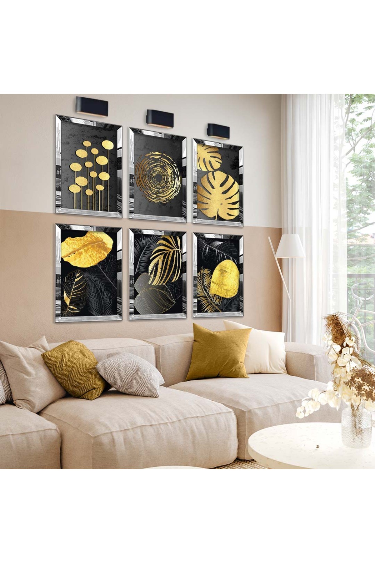 Gold Yaprak Ve Çiçek Desen 6'Lı Pleksi Kenar Solmaz MDF Tablo Seti