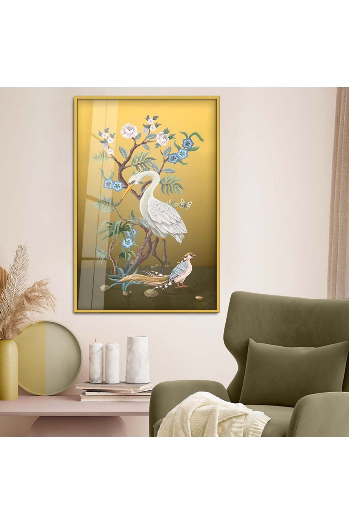 Gold Metal Çerçeveli Modern Çizim Tavus Kuşu Figür Kırılmaz Cam Tablo