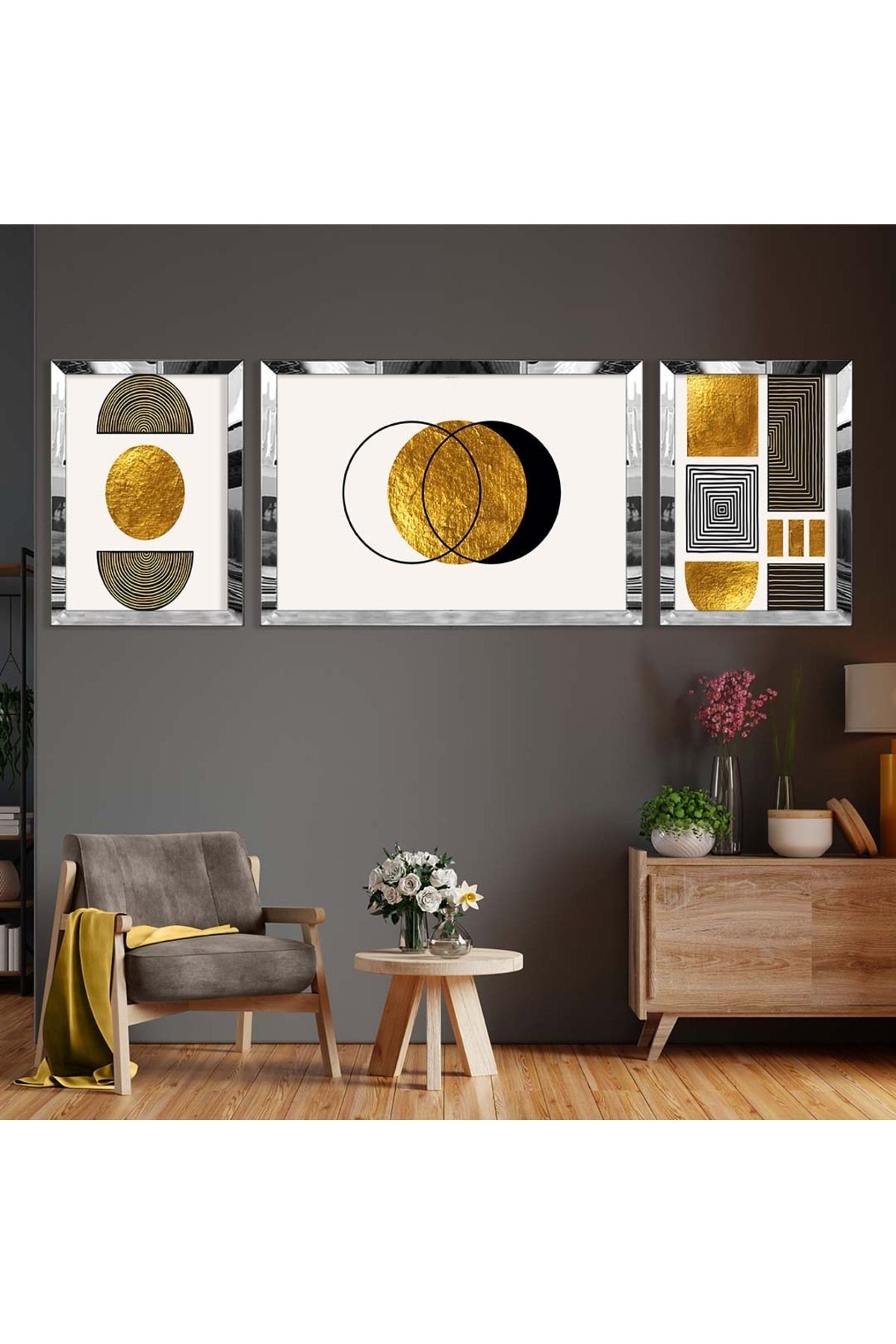 Gold Aynalı Pleksi Çerçeveli Üçlü Beyaz Arka Planlı Gold Desenli Soyut Mdf Tablo Seti
