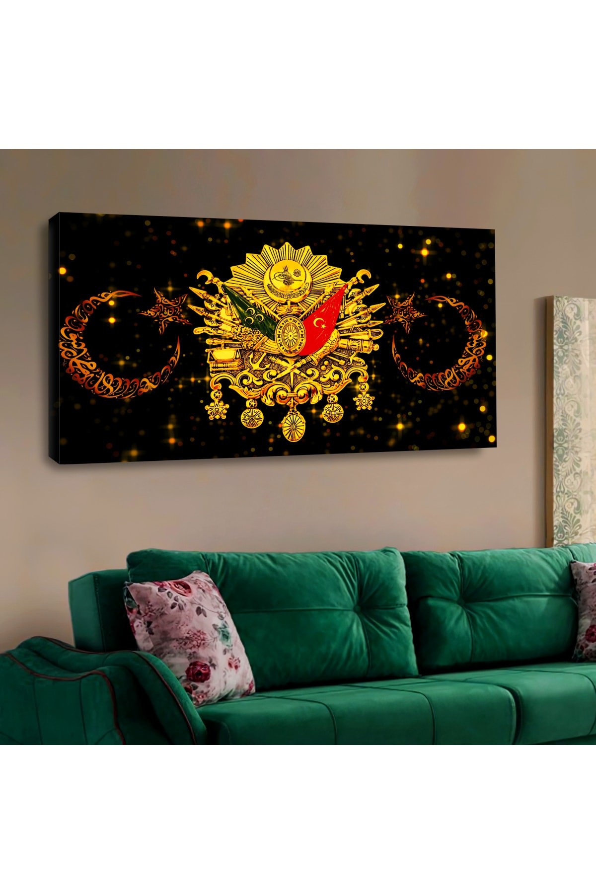 Ahşap Şase Dijital Baskı Kanvas Sarı Siyah Osmanlı Tuğrası Tablosu 120X60Cm