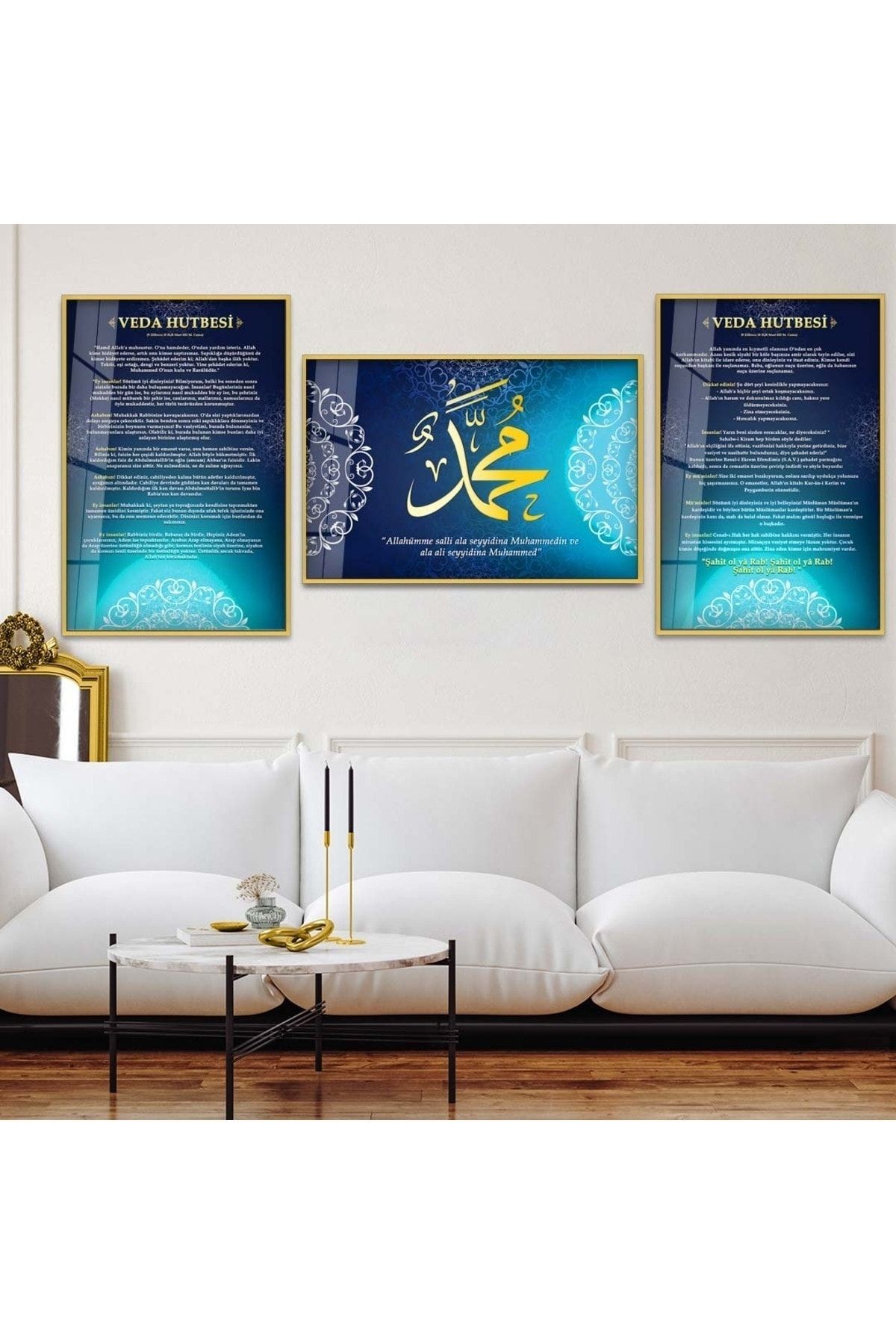 Gold Metal Çerçeveli Veda Hutbesi Ve Hz Muhammed Lafı Dini Üçlü Kırılmaz Cam Tablo Seti