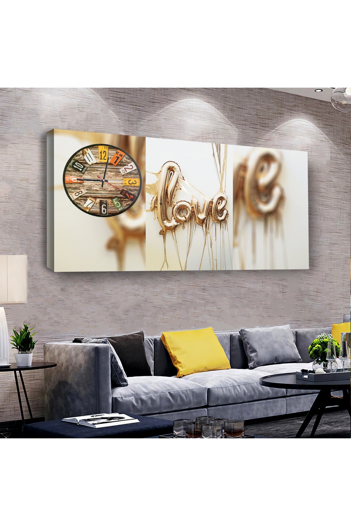 Love saatliAhşap Şase Dijital Baskı Kanvas Tablo 100X50Cm