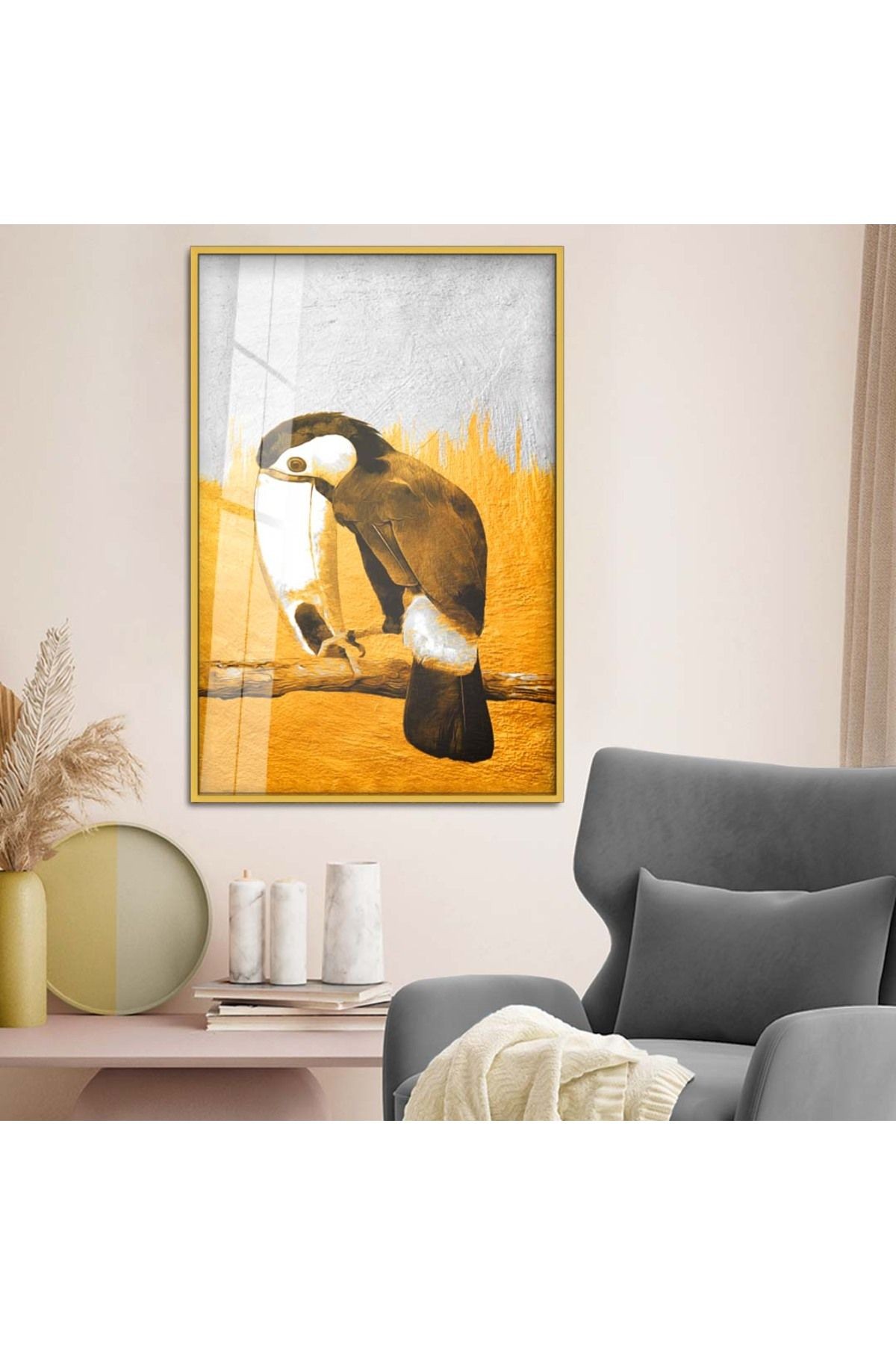 Gold Metal Çerçeveli Modern Çizim Papağan Figür Kırılmaz Cam Tablo