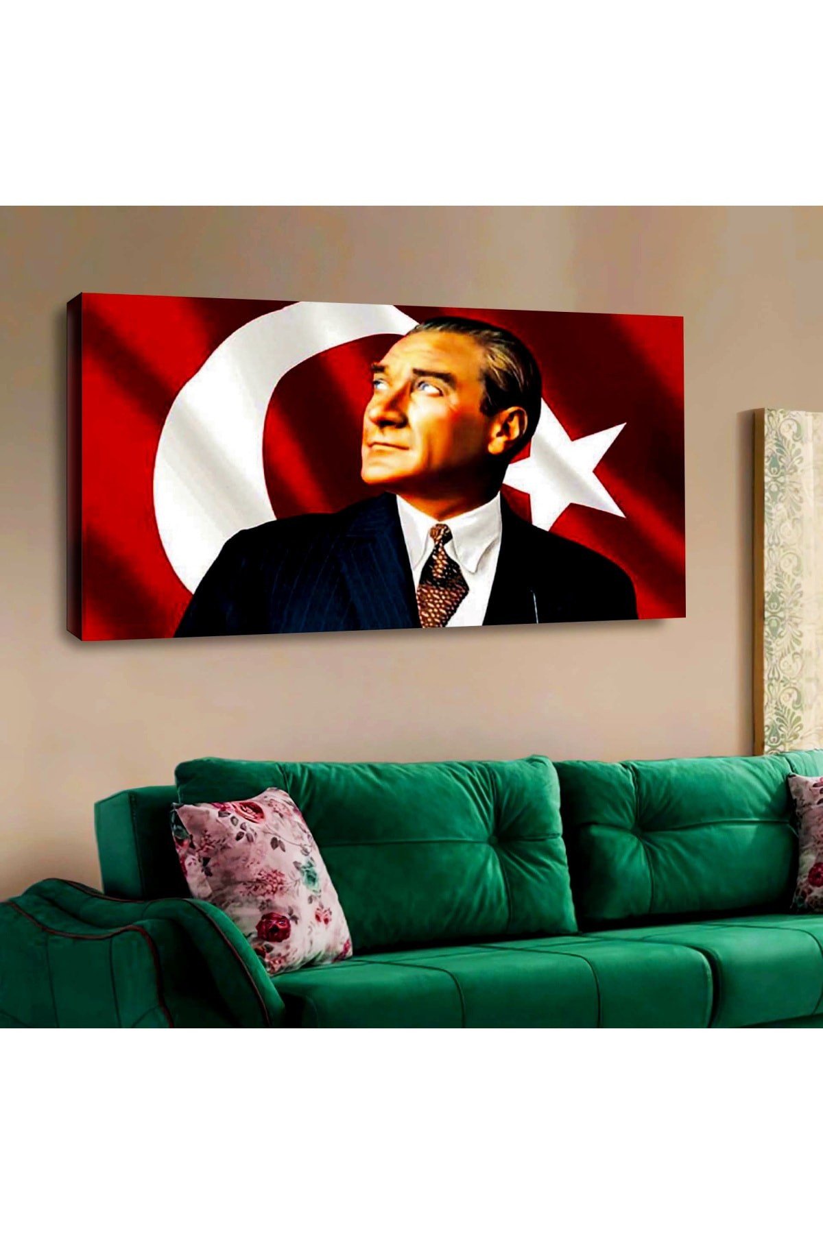 Renkli Ahşap Şase Dijital Baskı Kanvas Atatürk Ve Türk Barağı Tablosu 120X60Cm