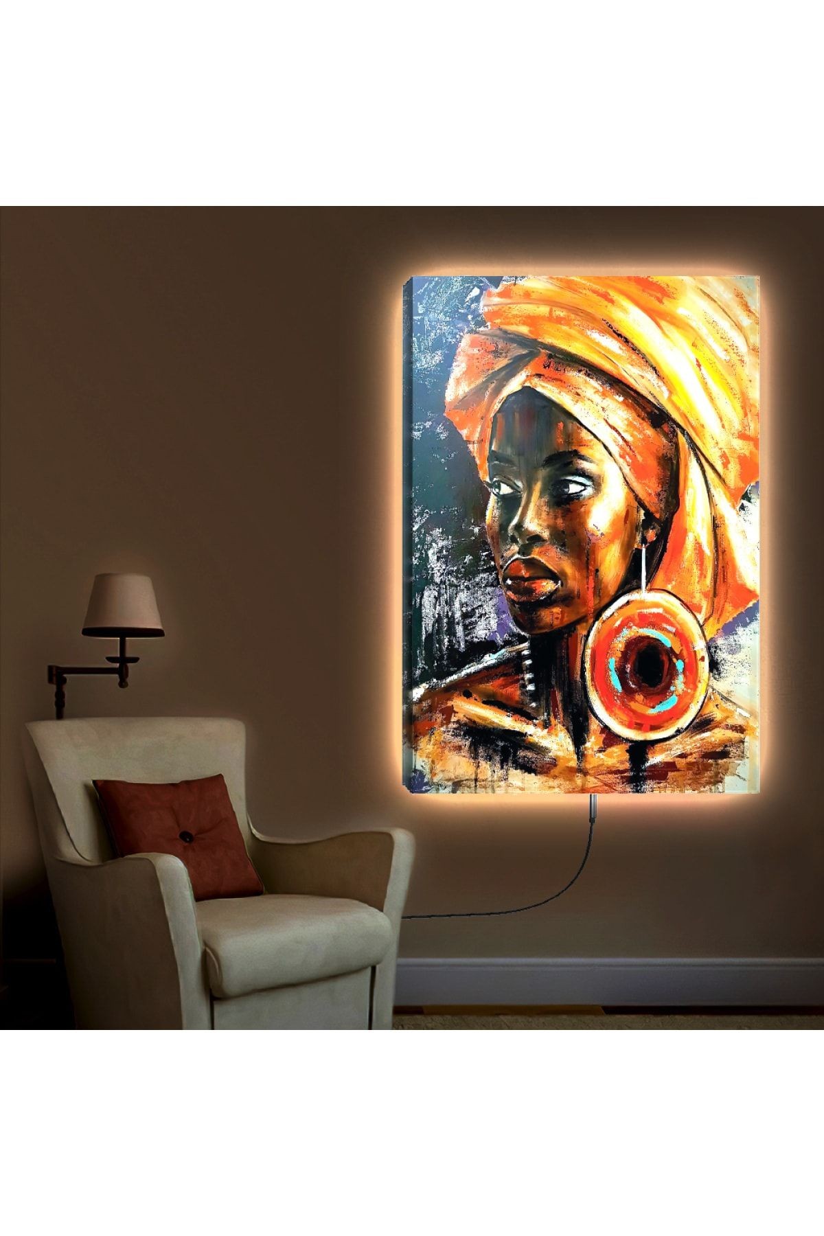 Ledli 90x60 Kolaj Çizim Afrikalı Genç Kadın Kanvas Tablo