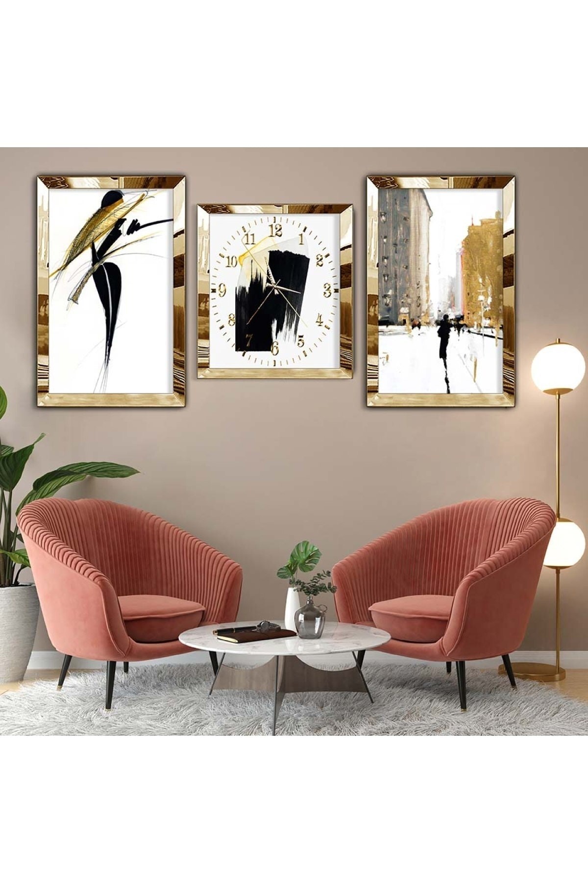 Modern Salon Tablosu Gold Pleksi Kenar 3'Lü MDF Tablo Saat Seti