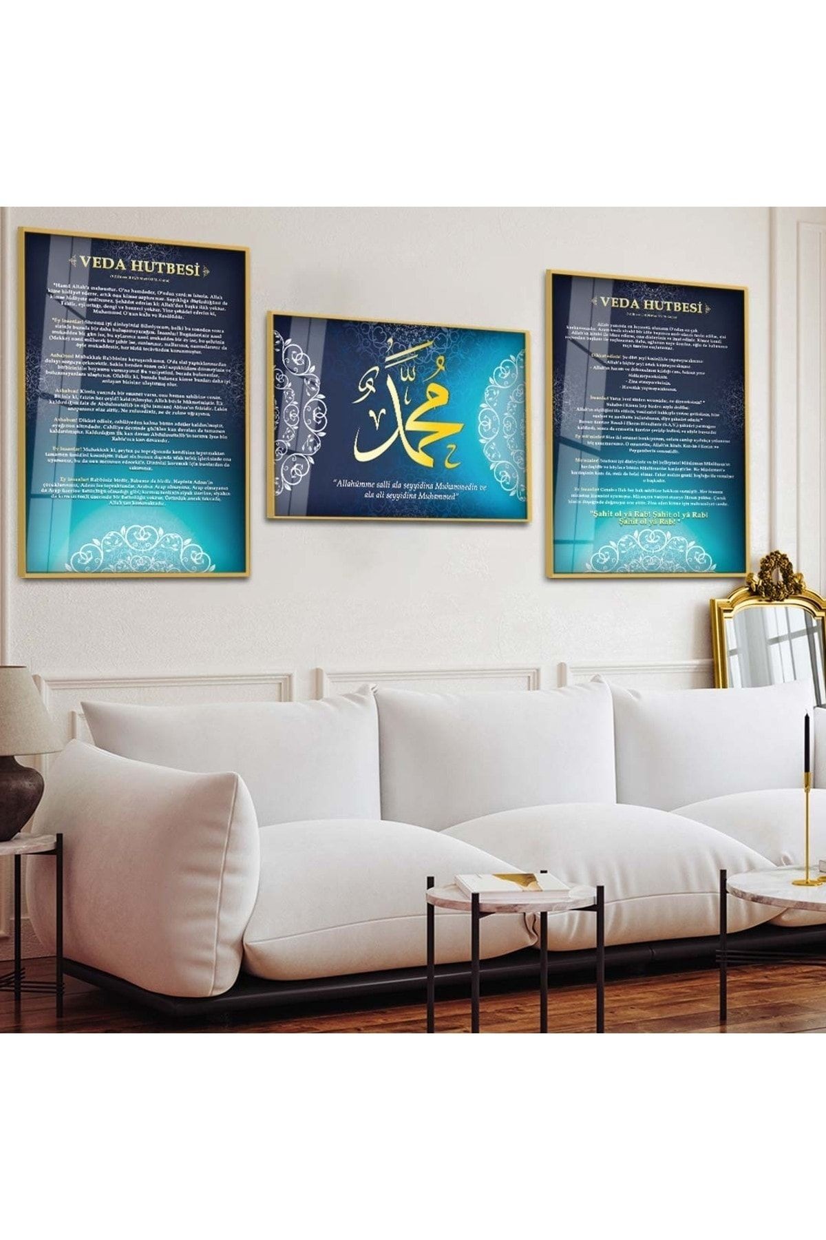 Gold Metal Çerçeveli Veda Hutbesi Ve Hz Muhammed Lafı Dini Üçlü Kırılmaz Cam Tablo Seti