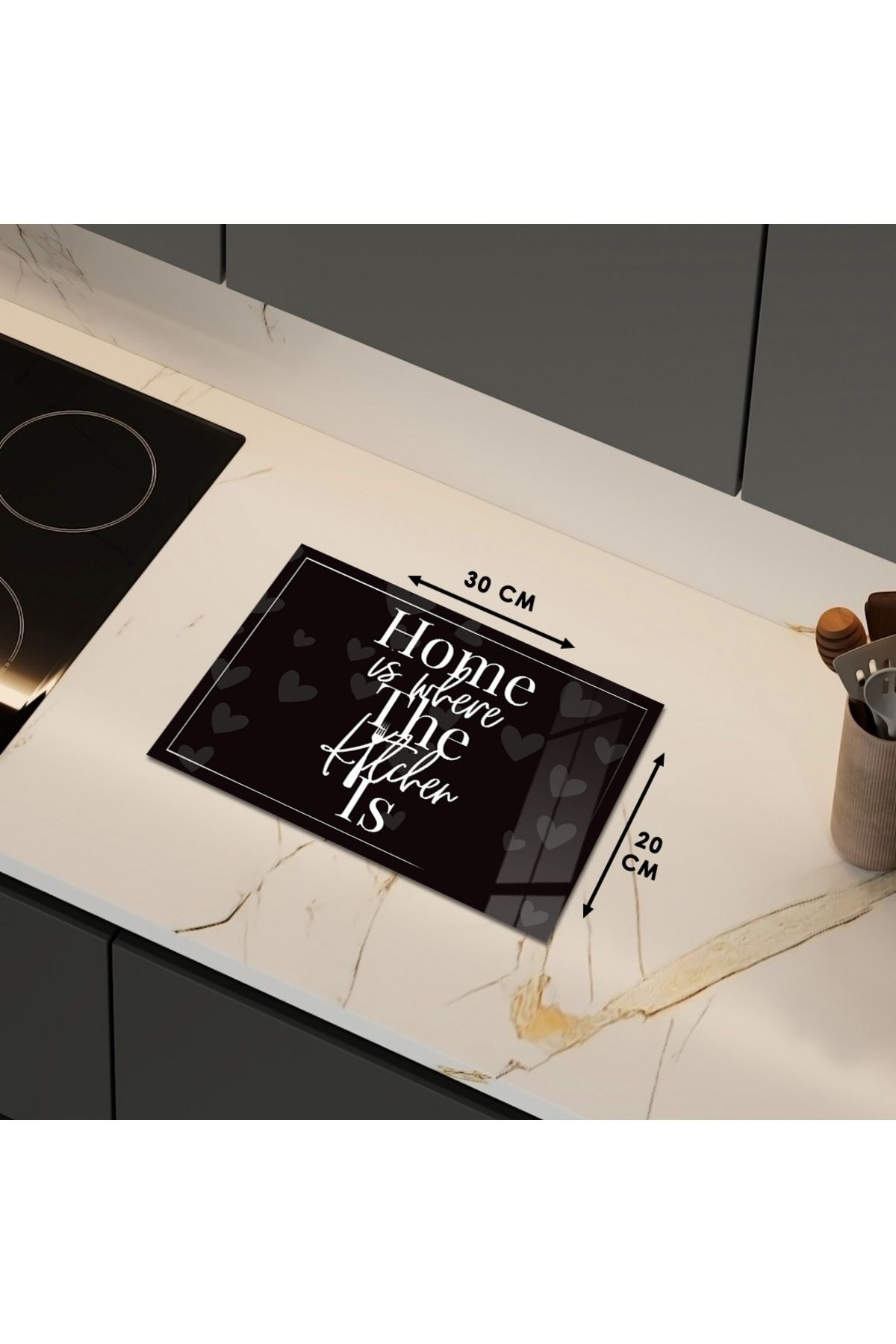 Cam Kesme Tahtası Kalpli "Home Is Where The Kitchen Is" Yazılı